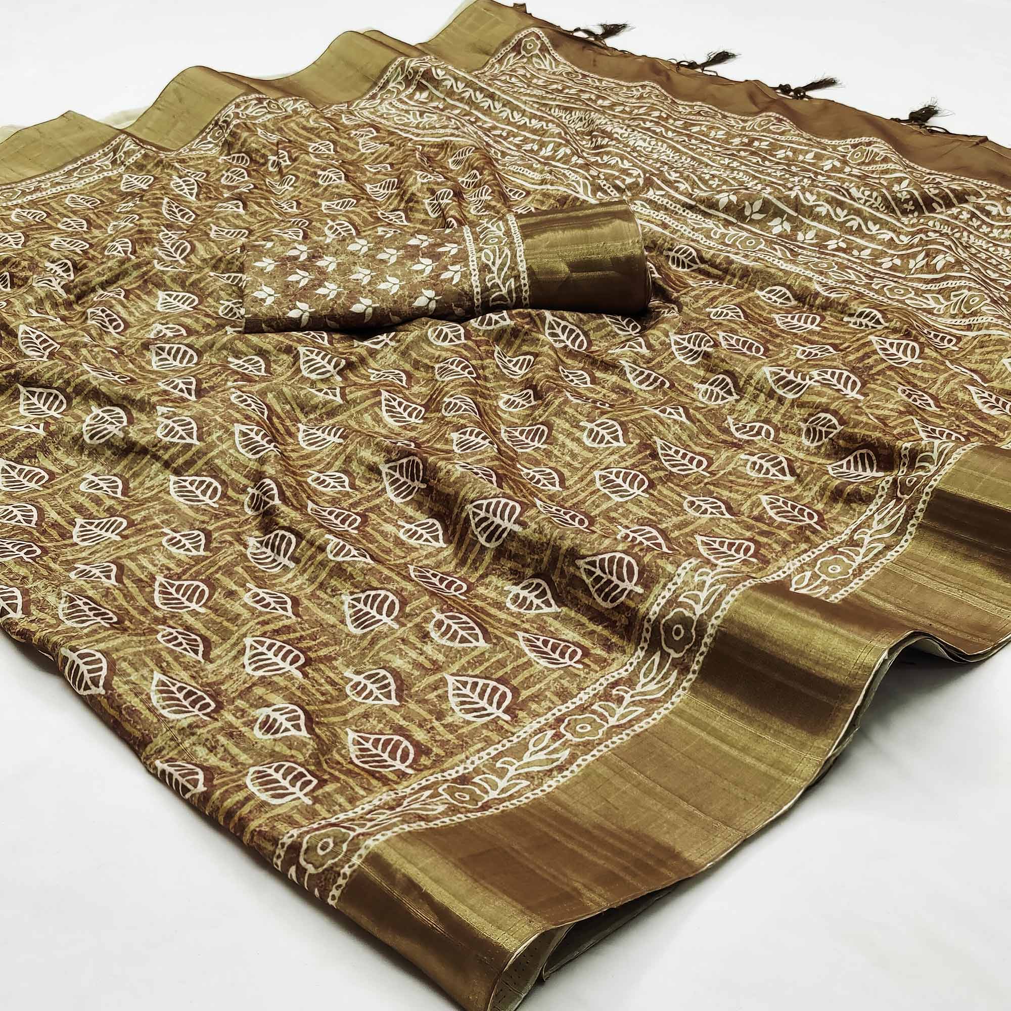 Peachmode Mehendi Green Floral Printed Matka Tussar Saree With Tassels