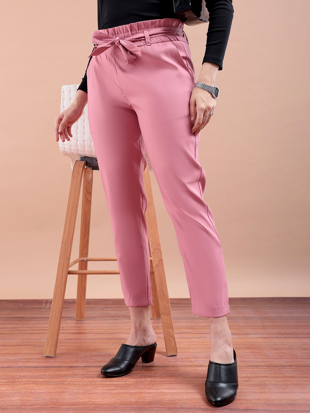Freehand by The Indian Garage Co Women's Pink Slim Solid Elasticated Ruffle Waist Trouser