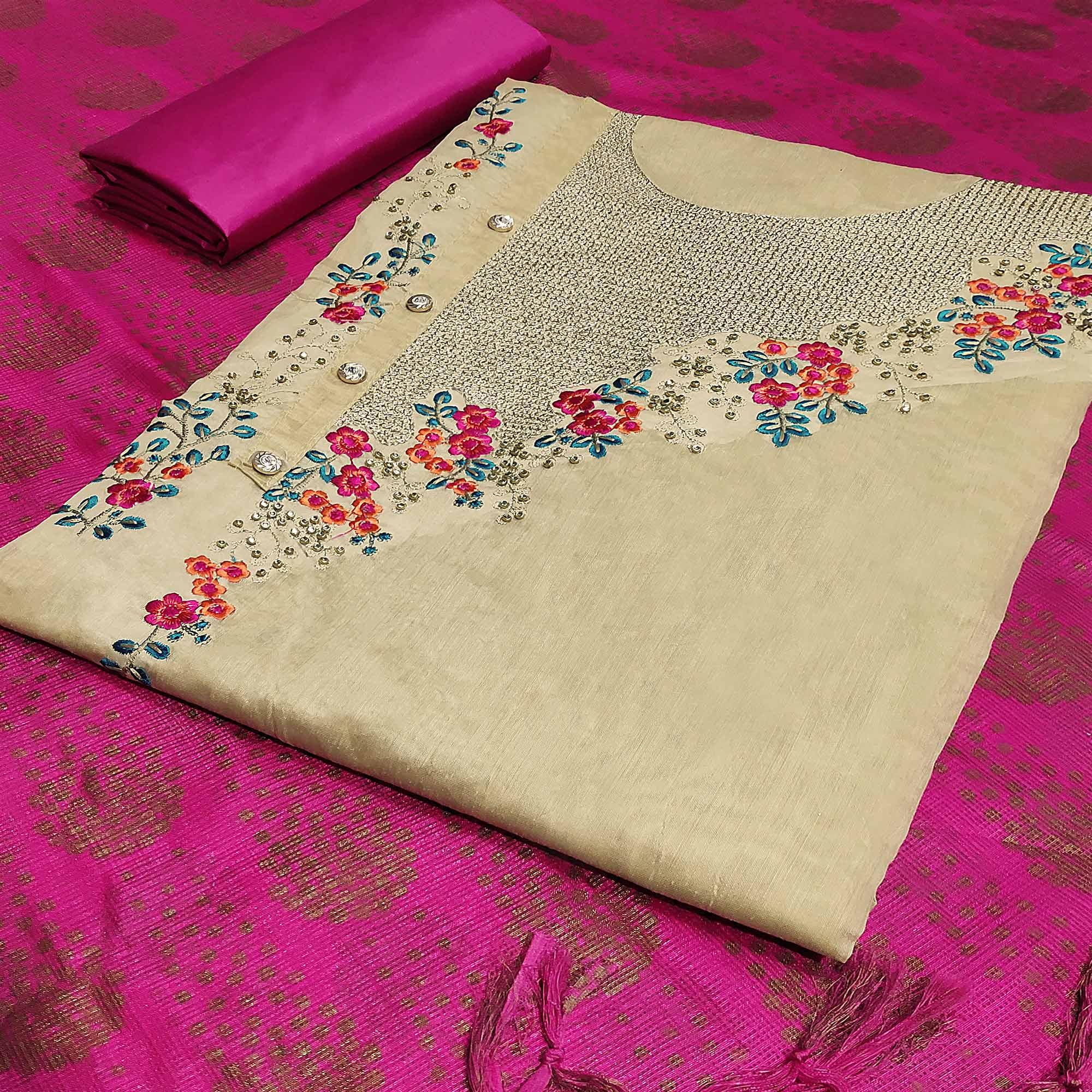 Peachmode Hypnotic Beige-Pink Colored Casual Embroidered Modal Silk Dress Material