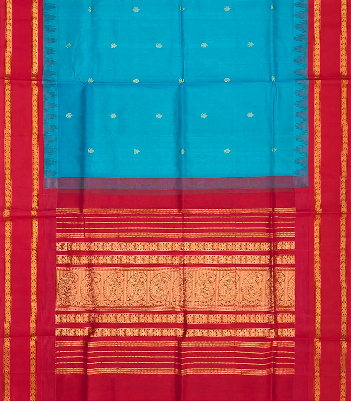 RmKV Cyan Handloom Silk Cotton Saree With Kalash Butta & Contrast Temple Border-Cyan - view 2