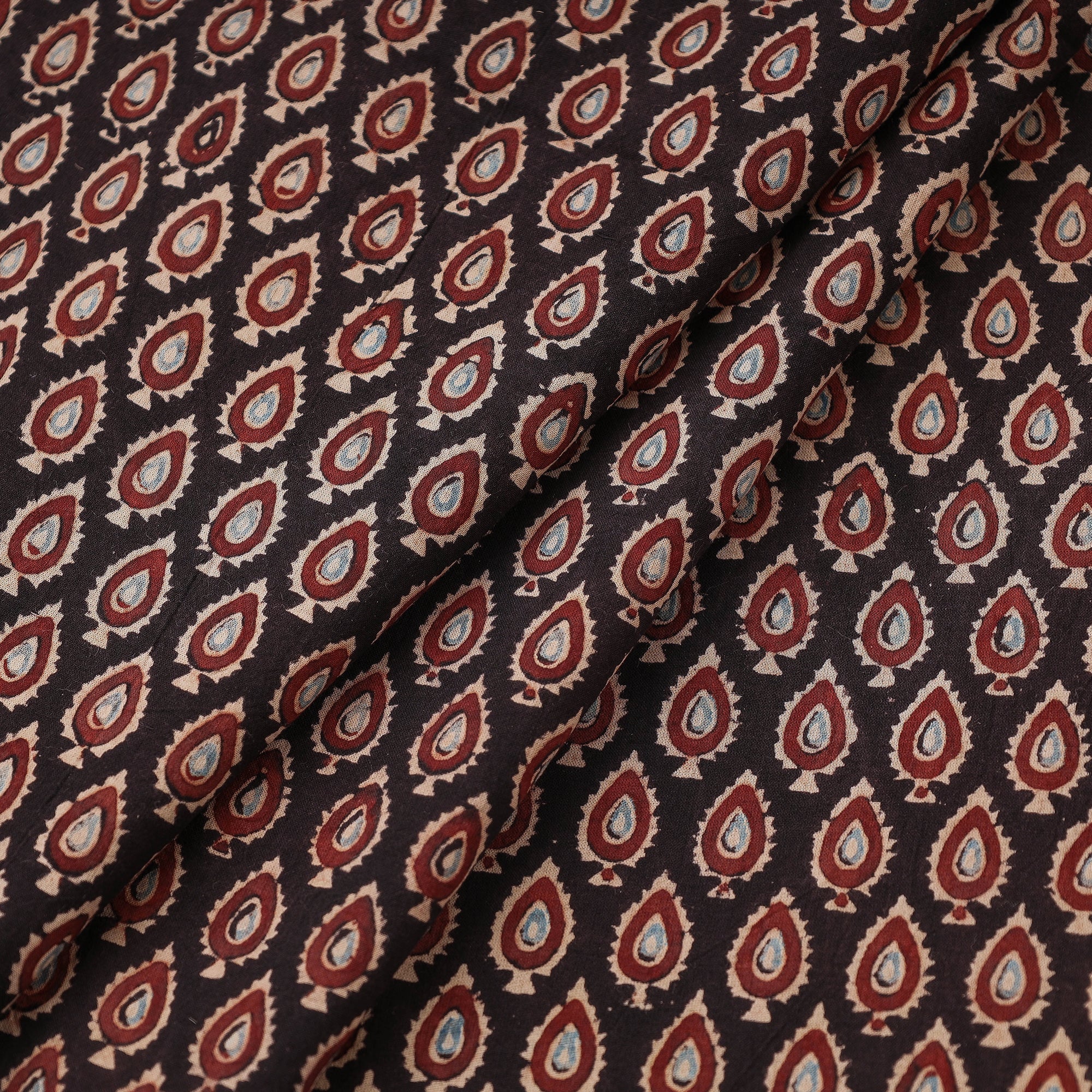 AJRAKH BY JABBAR KHATRI Black Red Leaf Butti Ajrakh Hand Block Printed Cotton Fabric - view 2