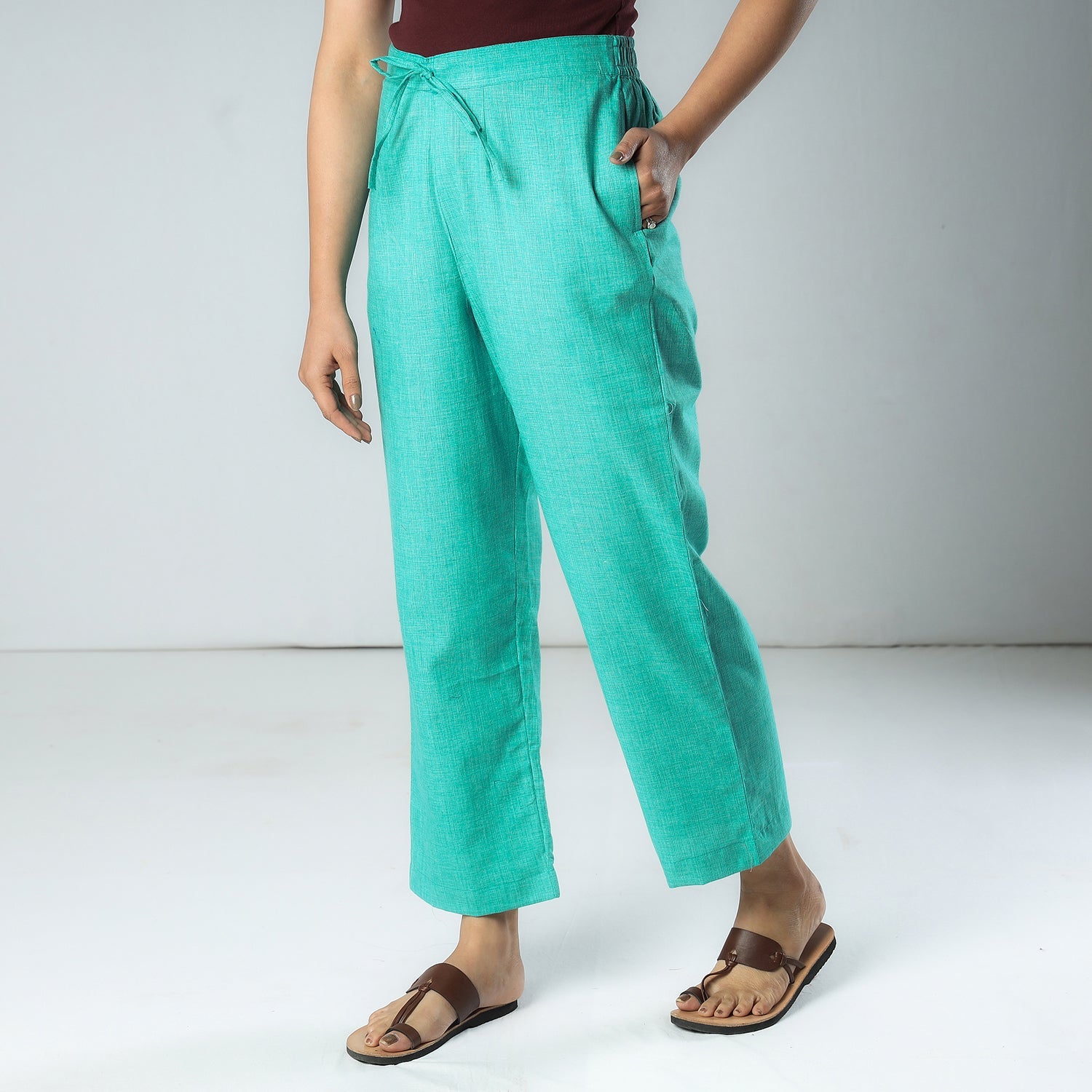 ITOKRI CASUALS Aqua Green & White Texture Plain Dyed Cotton Relaxed Fit Pant - view 2