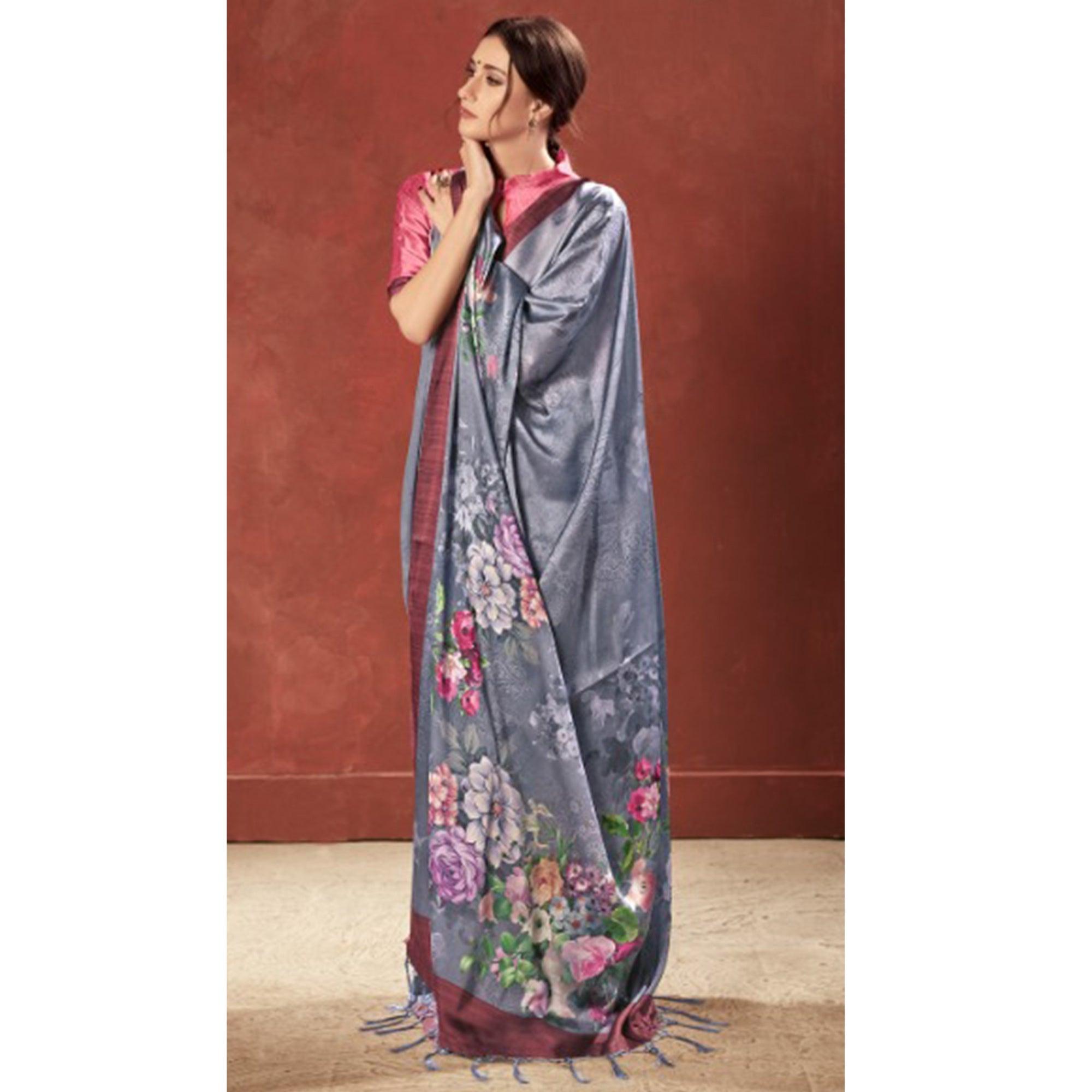 Peachmode Lovely Grey Colored Casual Wear Printed Satin Crepe Saree With Tassels - view 2