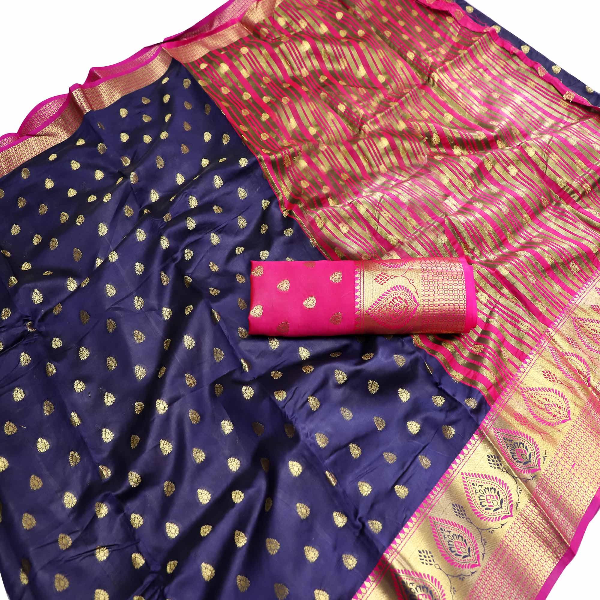 Peachmode Magnetic Navy Blue Colored Festive Wear Woven Litchi Kota Silk Saree