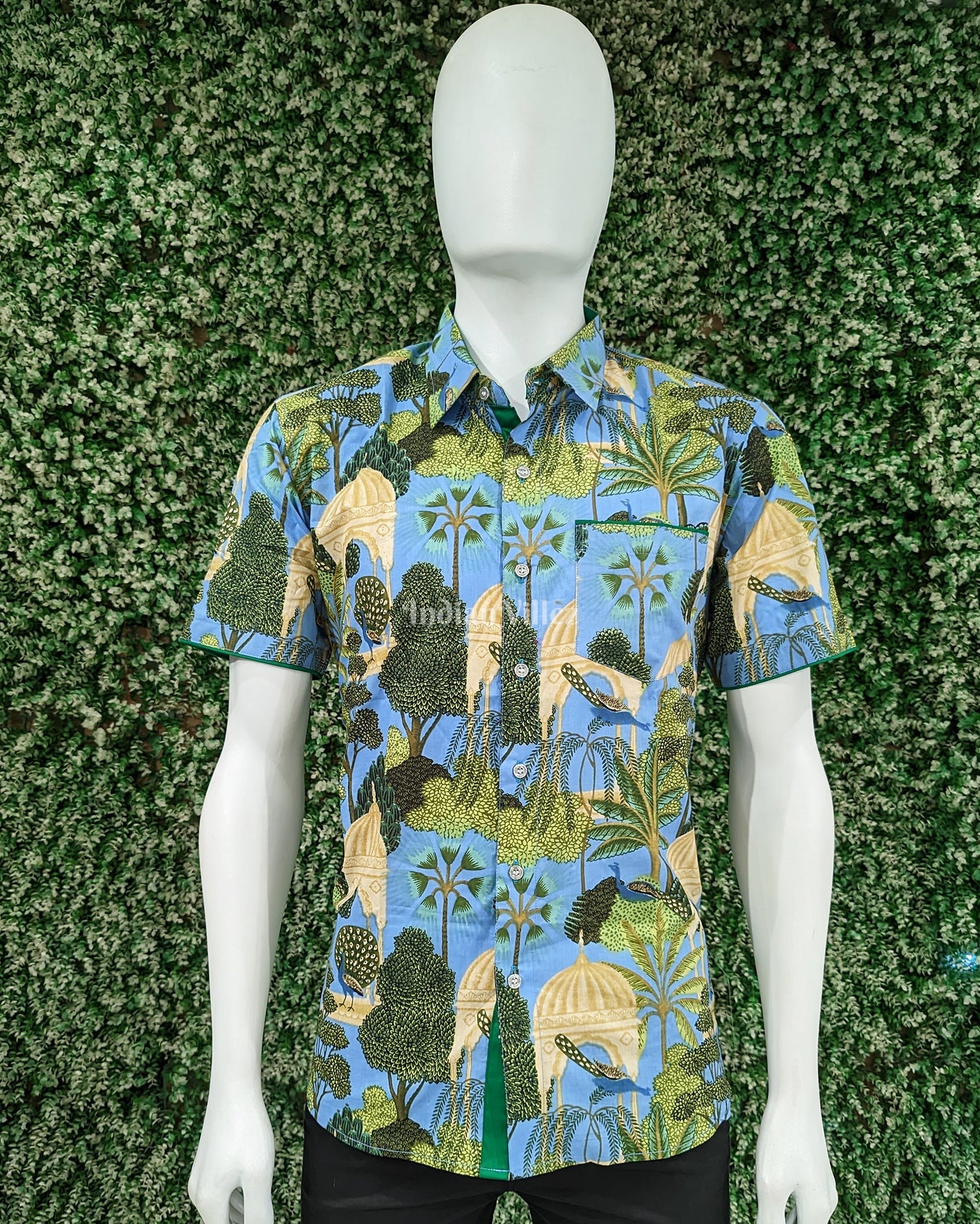 IndianVillèz Sky Blue Tree Design Block Printed Half Sleeve Shirt for Men