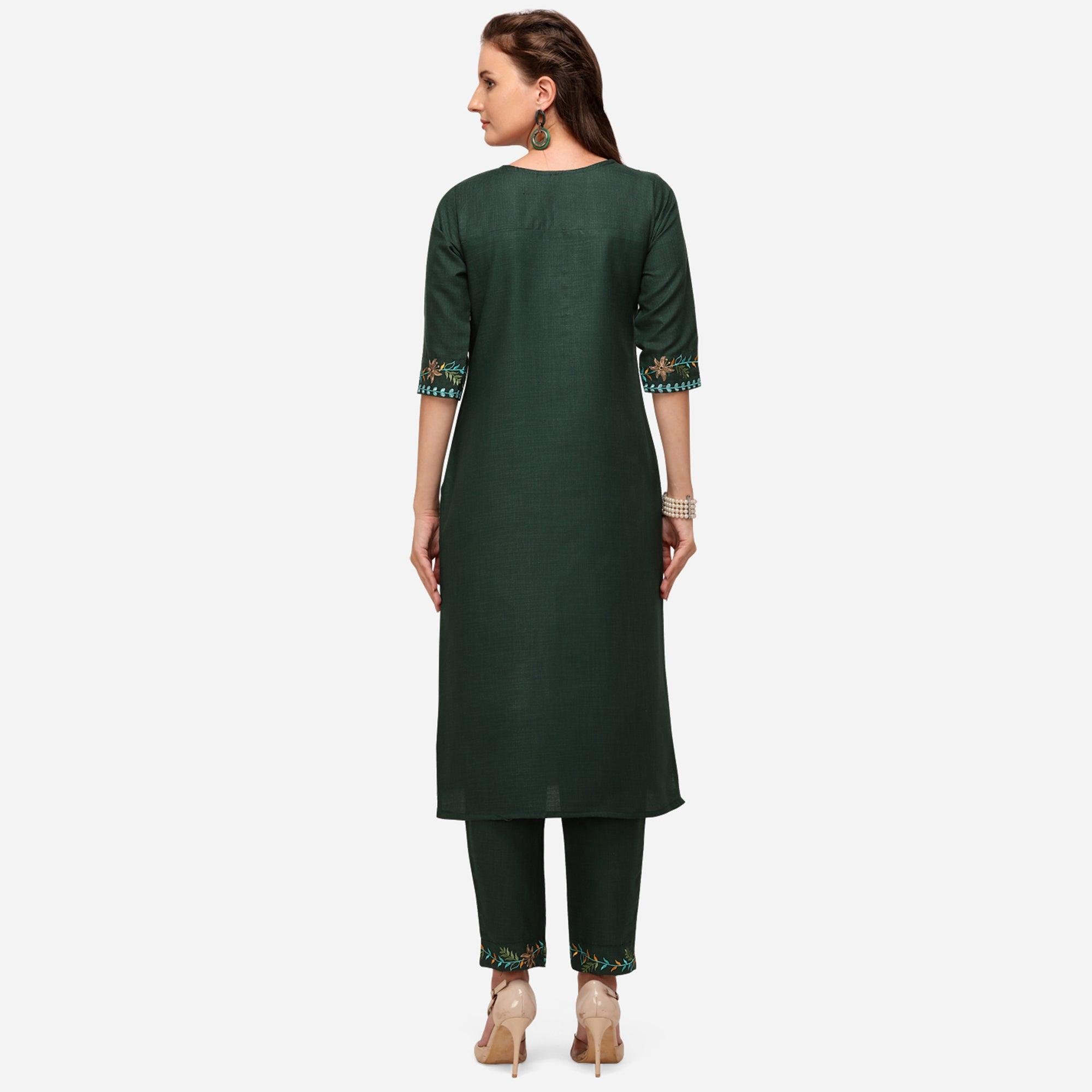 Peachmode Seller Bottle Green Casual Wear Floral Embroidered Cotton Kurti Pant Set - view 2