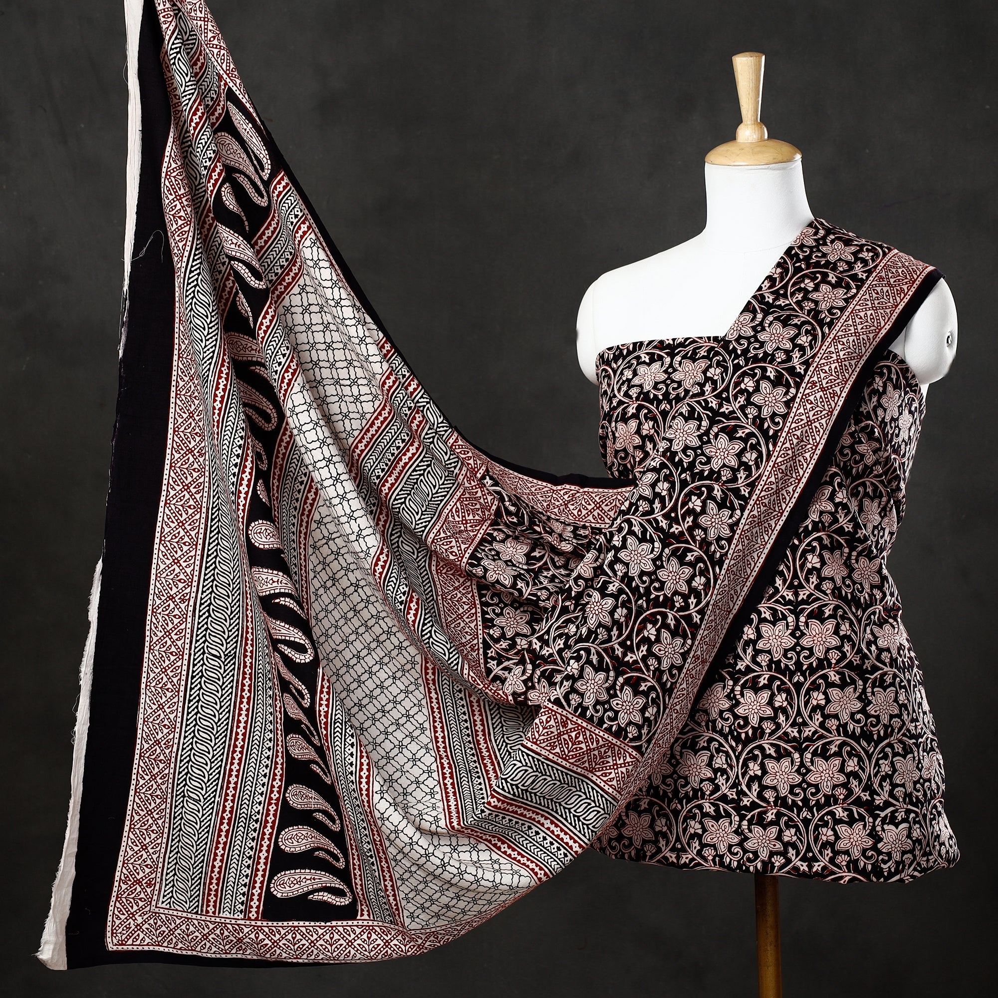 BAGH PRINTS BY UMAR FARUK KHATRI Black - 3pc Natural Dyed Cotton Bagh Print Suit Material Set 31