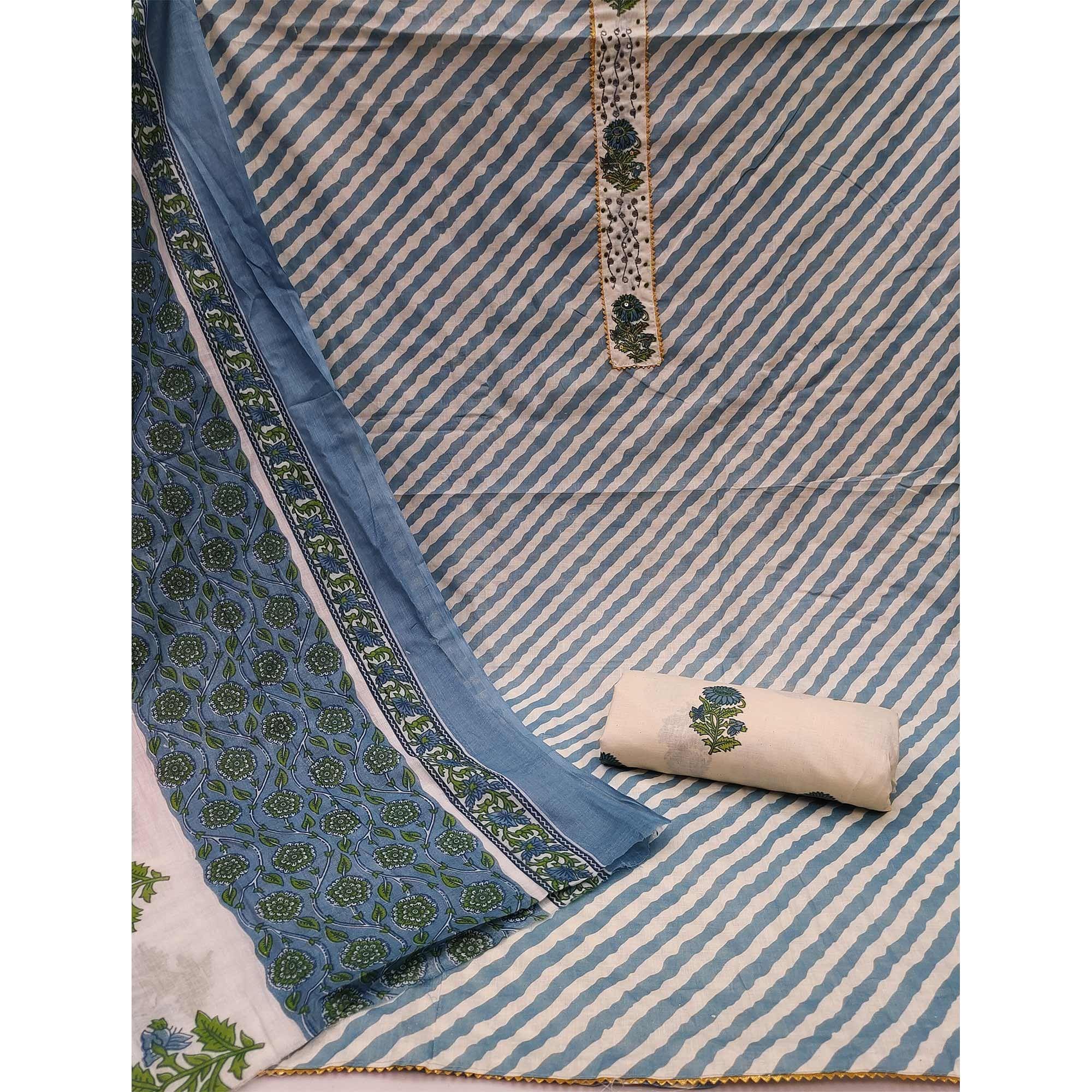 Peachmode Grey Stripe Printed With Embellished Cotton Dress Material - view 3