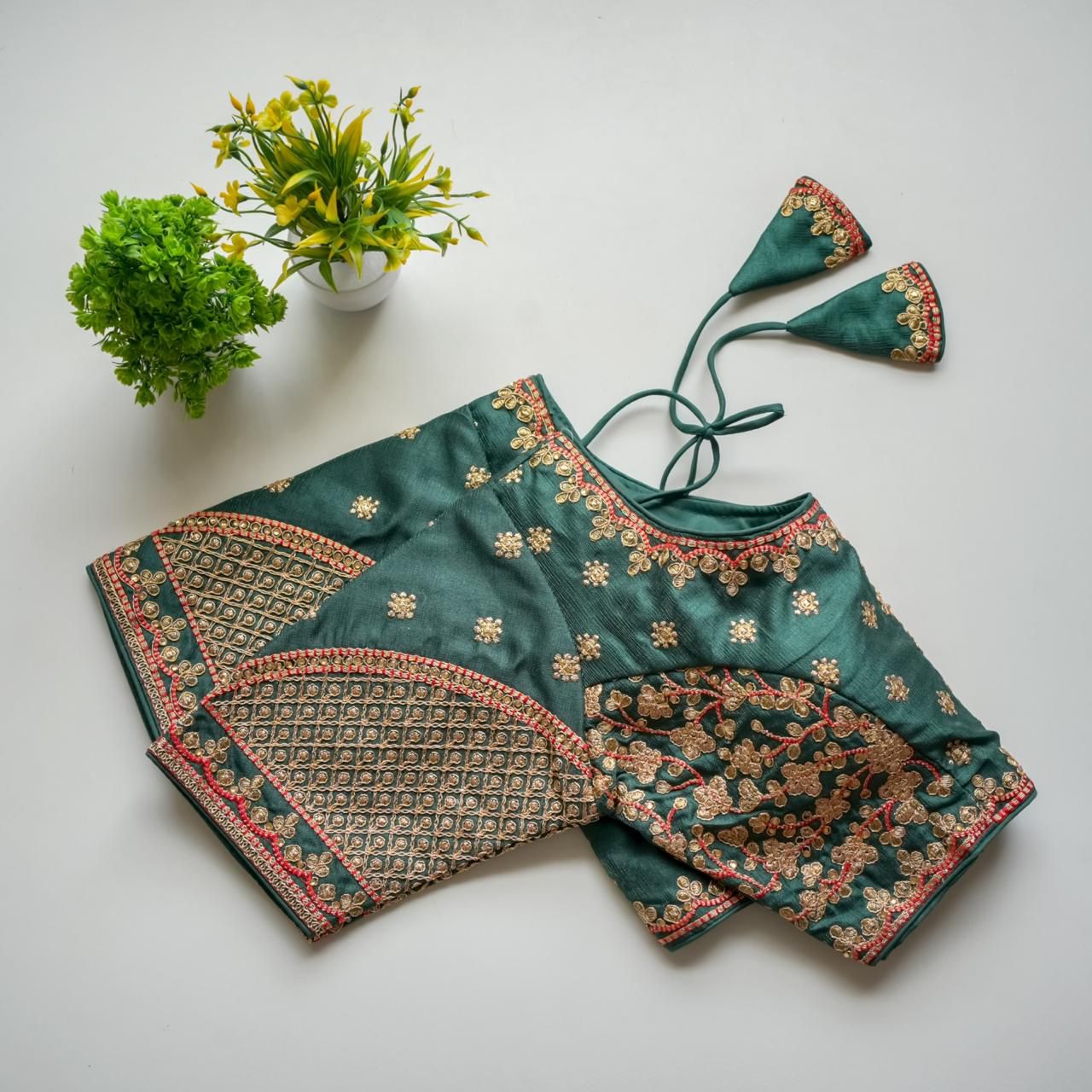 ClothsVilla Green Mulmul Silk Blouse with Golden Embroidery and Sequins - view 2