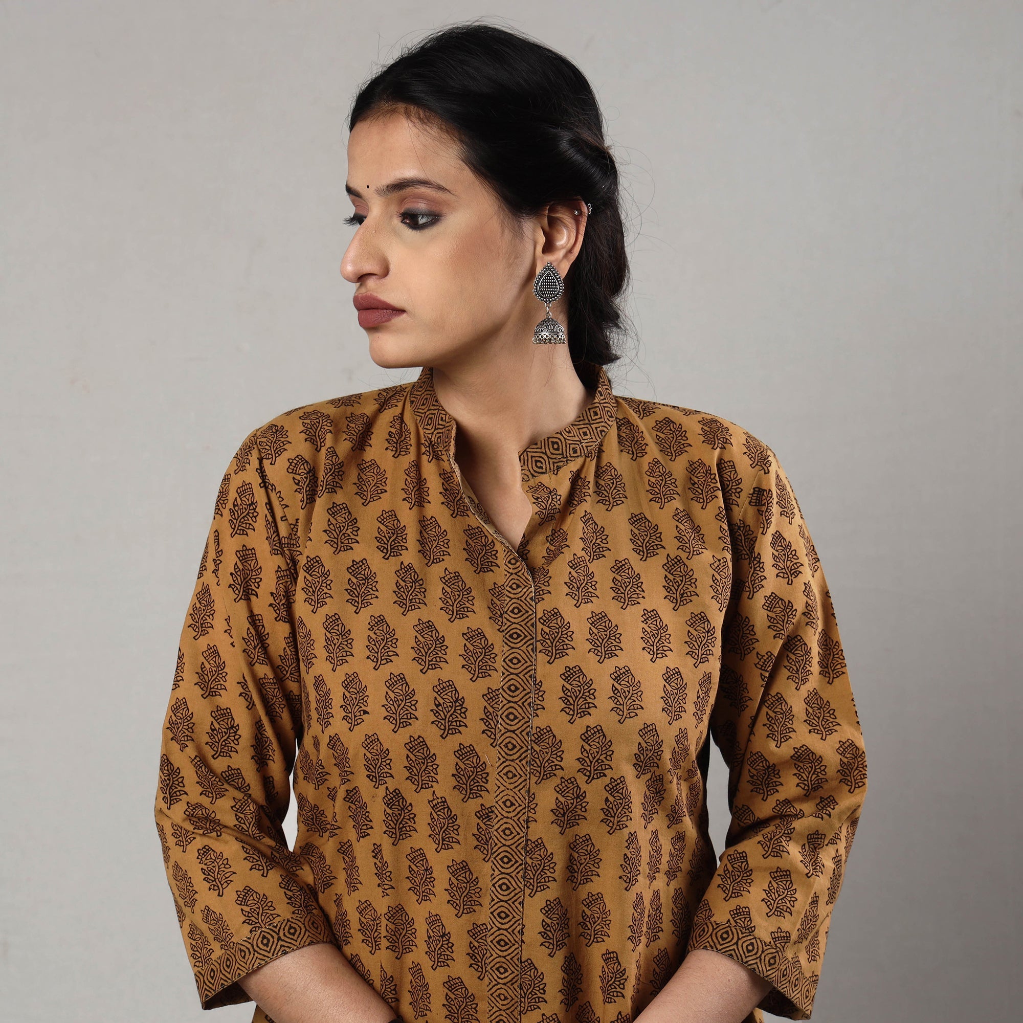 ITOKRI CASUALS Brown - Block Print Cotton A-Line Bagh Kurta