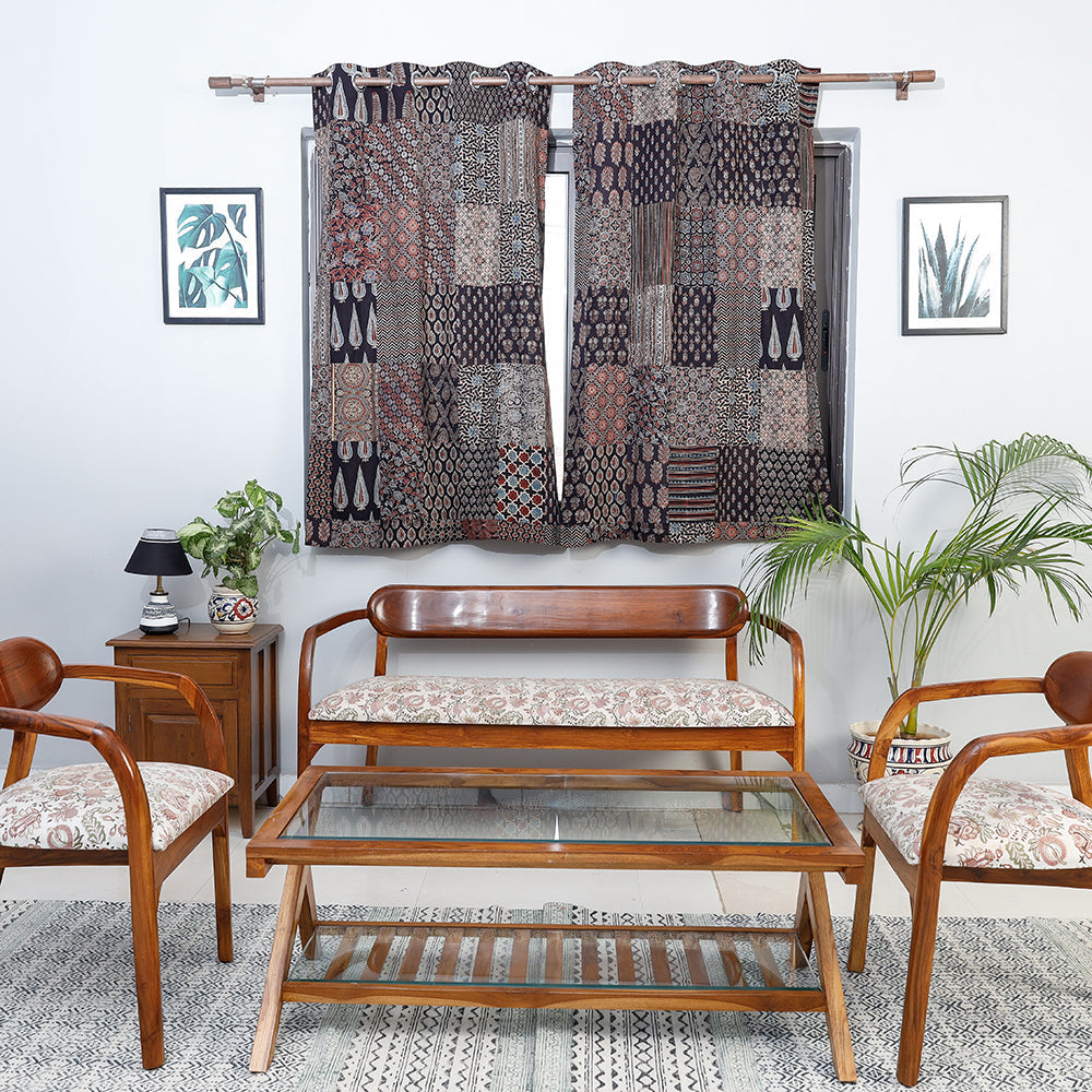 NOORI BAZAR Black - Ajrakh Block Printing Patchwork Cotton Window Curtain (5 x 3 Feet)