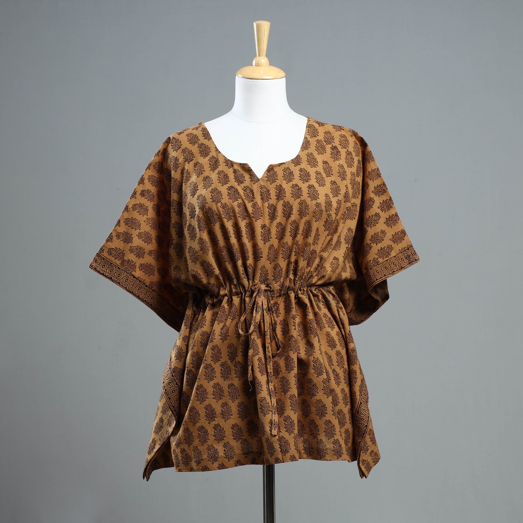 ITOKRI CASUALS Brown - Bagh Block Printed Cotton Kaftan with Tie-Up Waist (Short)