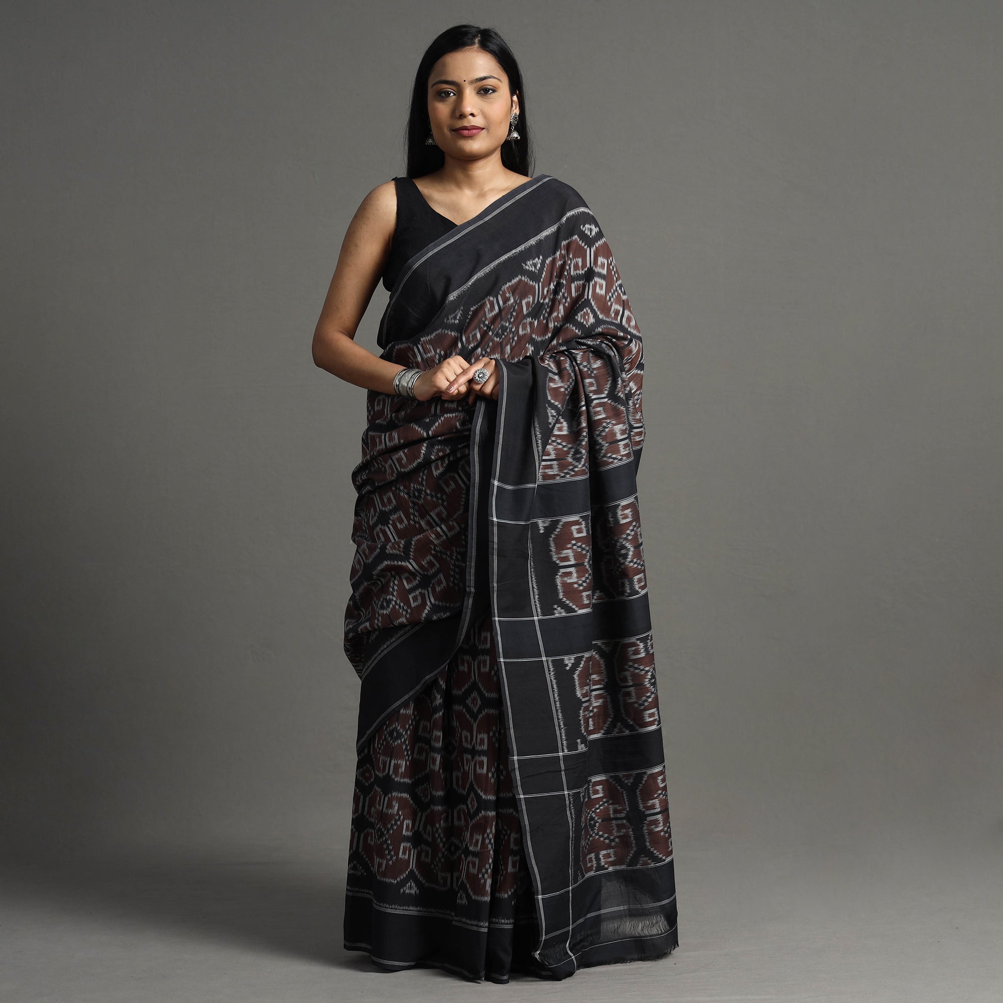 IKAT WEAVES BY EDEM CHANDANA Brown - Pochampally Ikat Weave Handloom Cotton Saree