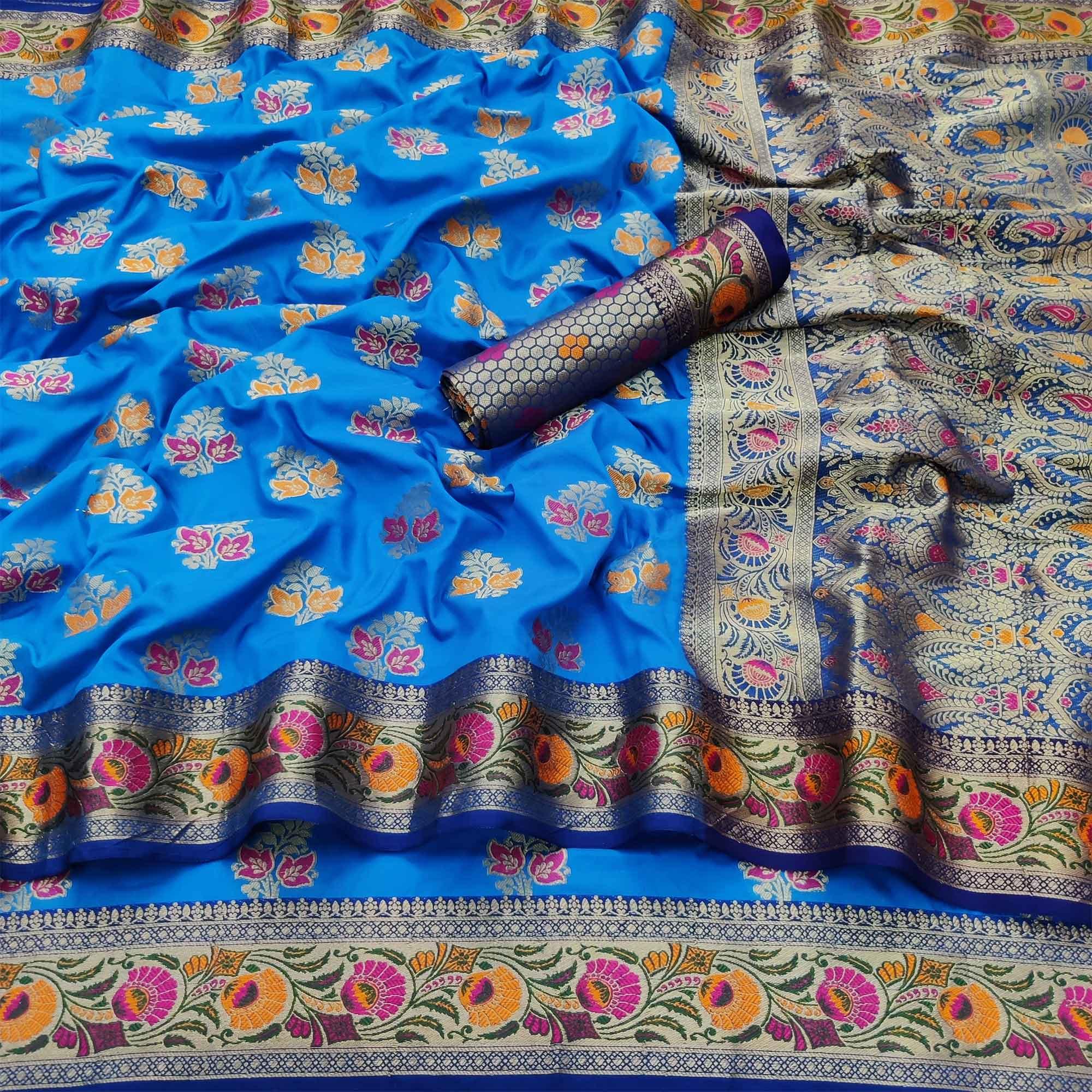 Peachmode Dark Firoji Festive Wear Floral Woven Soft Silk Saree - view 2