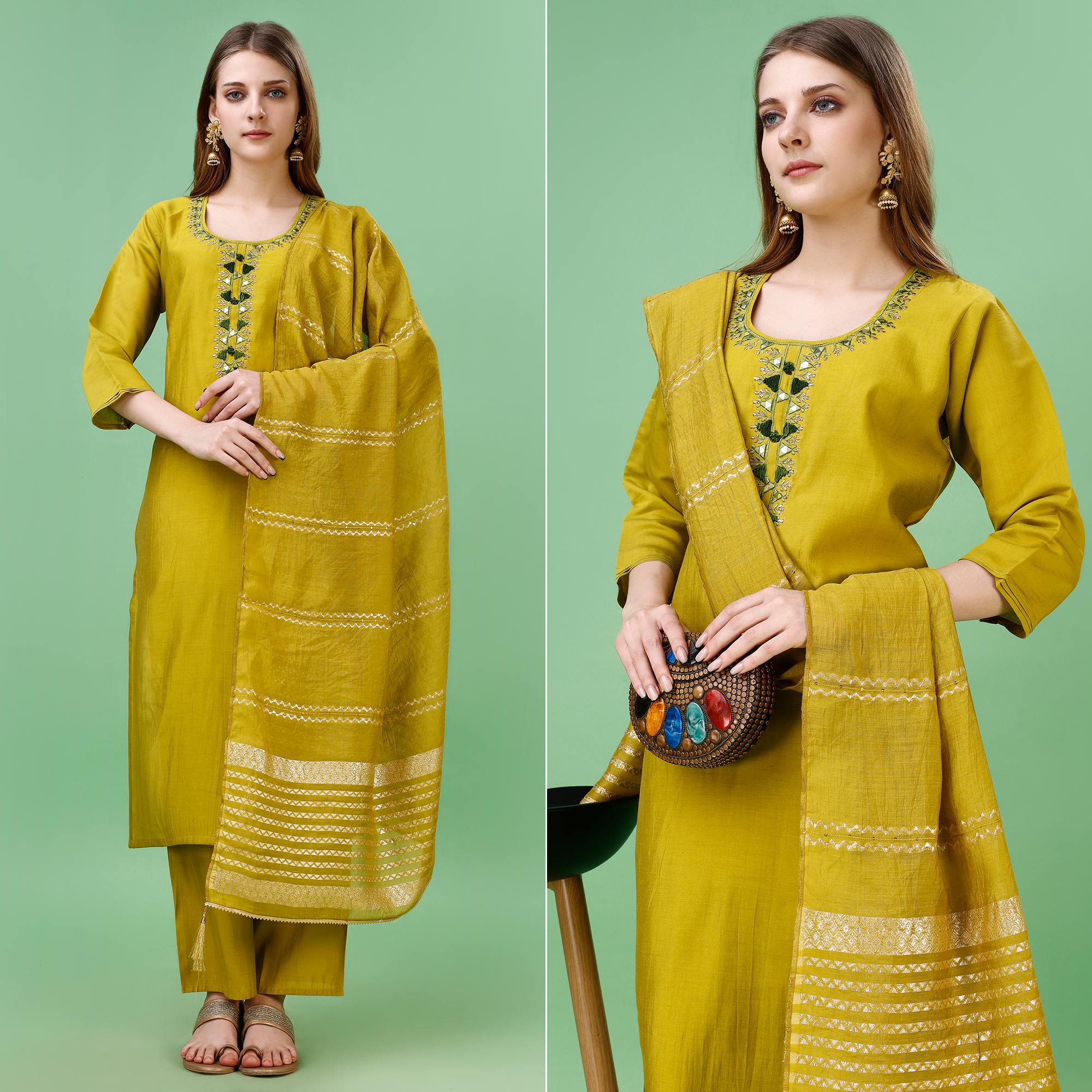 Peachmode Seller Mehendi Green Mirror Embroidered Viscose Salwar Suit