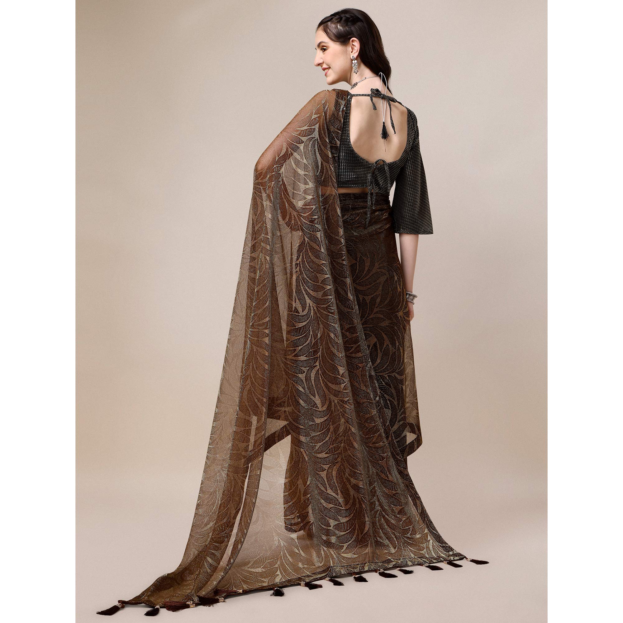 Peachmode Brown Floral Printed Rayon Saree – Women's - view 6