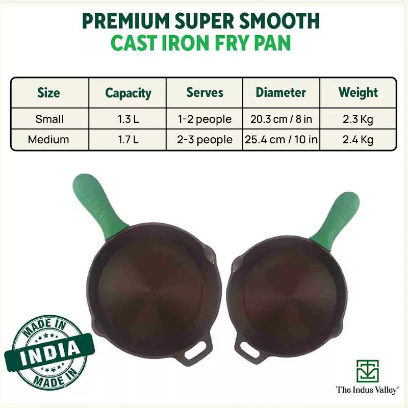 The Indus Valley Super Smooth Cast Iron Fry Pan, Silicon Handle, 100% Pure, Toxin-free,Pre-seasoned, Induction, Non-stick, 20.3/25.4cm, 1.3/1.7L, 2.3/ - view 3