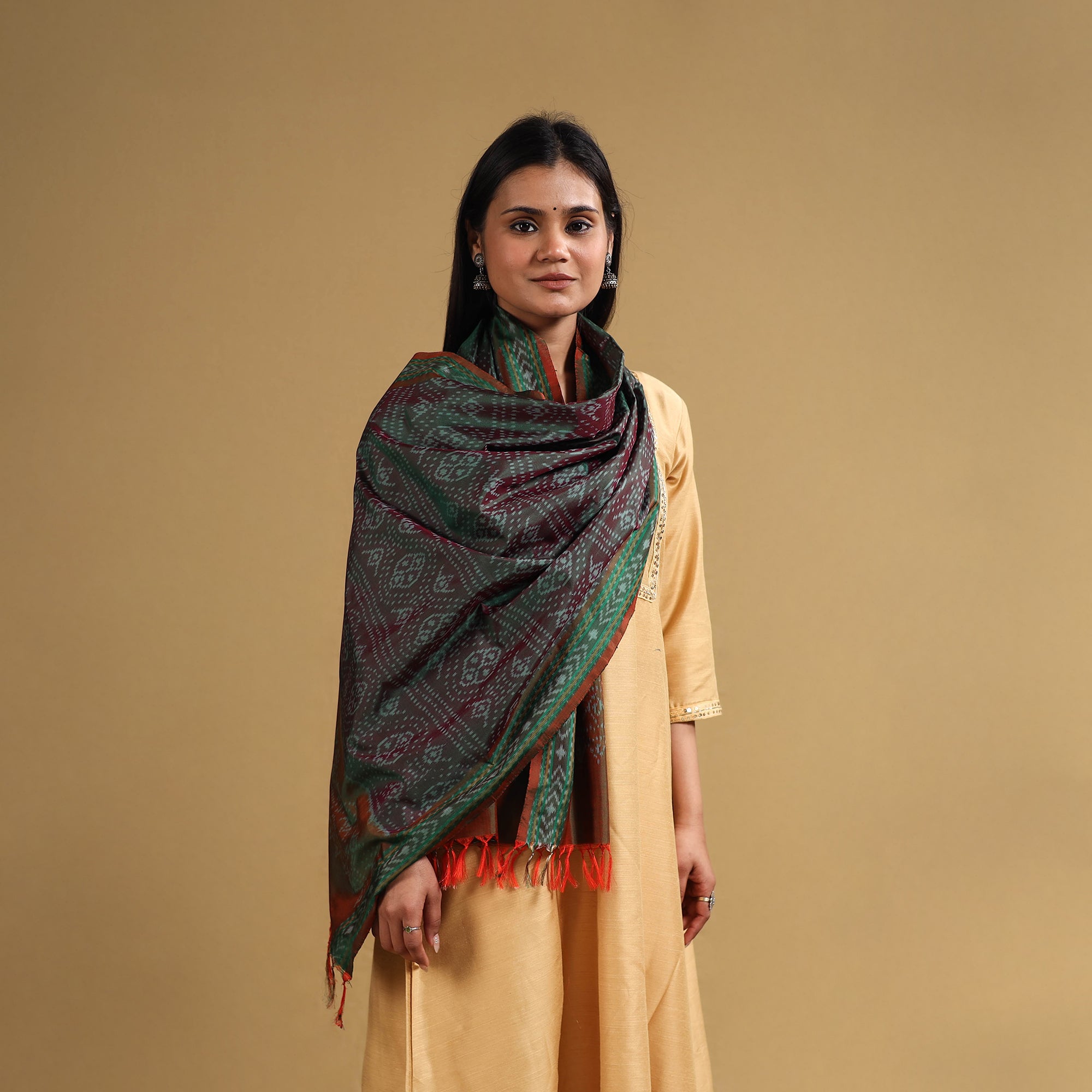 POCHAMPALLY IKAT WEAVES BY GOVARDHAN Brown - Handloom Mulberry Silk Pochampally Ikat Stole 12 - view 5