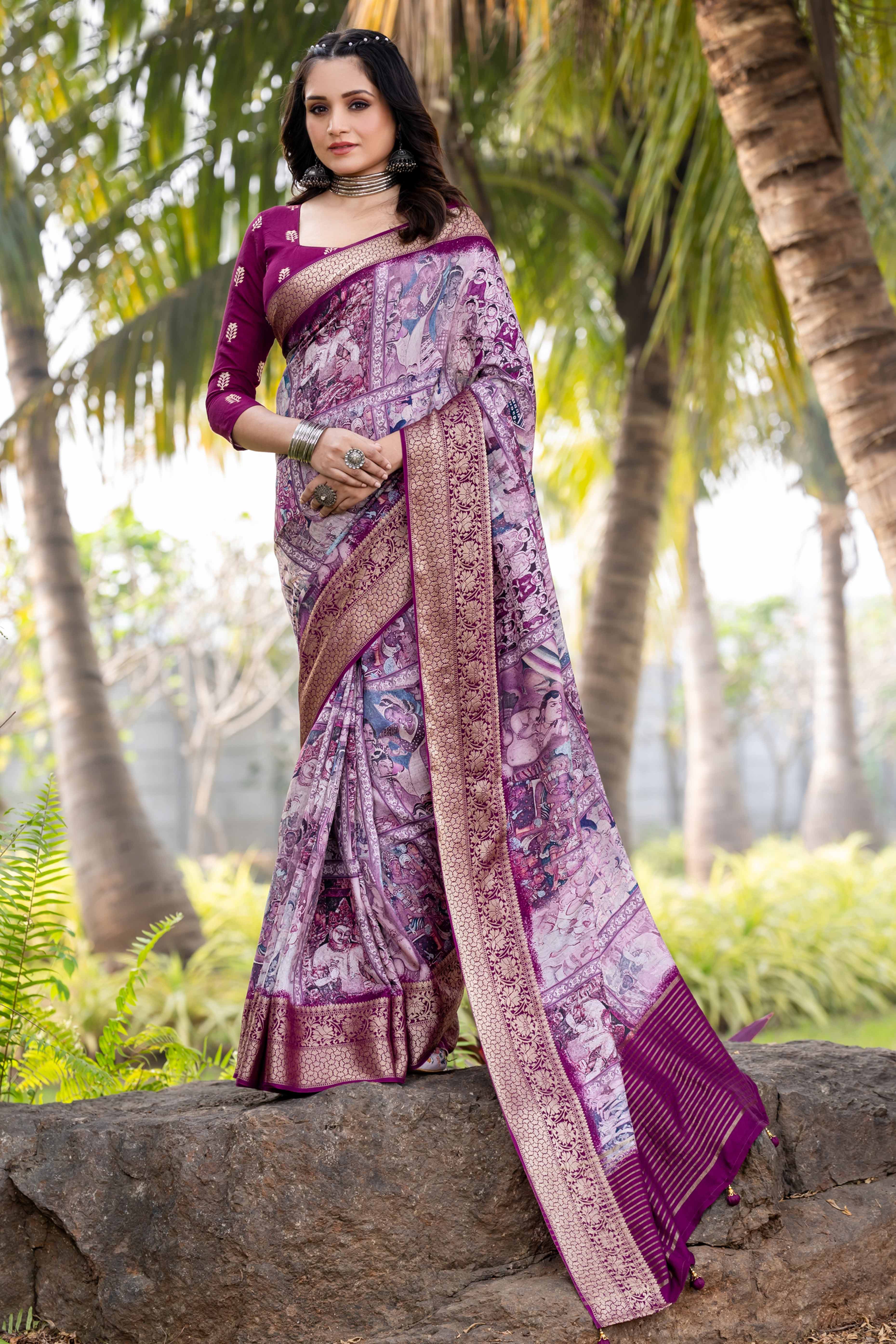 Peachmode Light Purple Floral Printed Viscose Saree