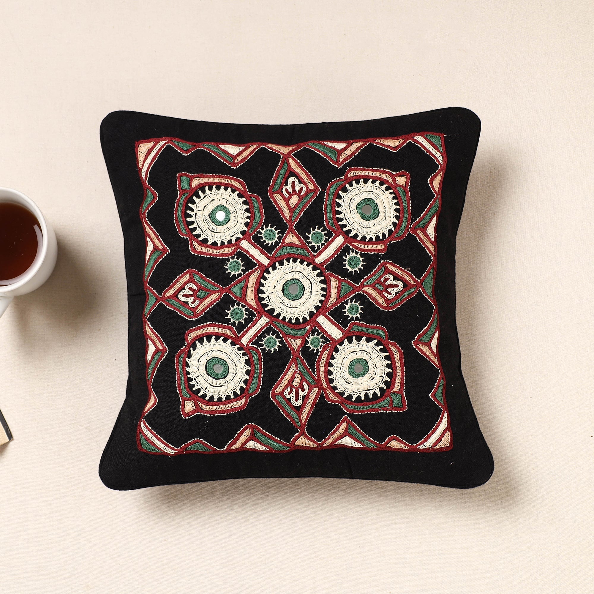 Black - Kala Raksha Pakko Hand Embroidered Pure Cotton Cushion Cover (12 x 12 in)