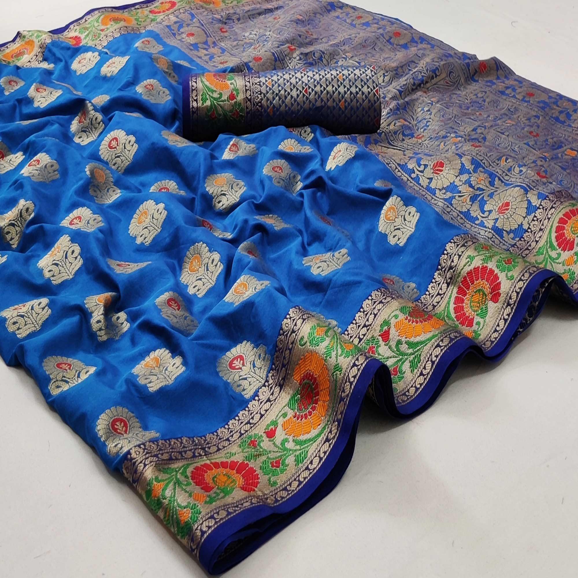Peachmode Firoji Festive Wear Floral Woven Soft Silk Saree