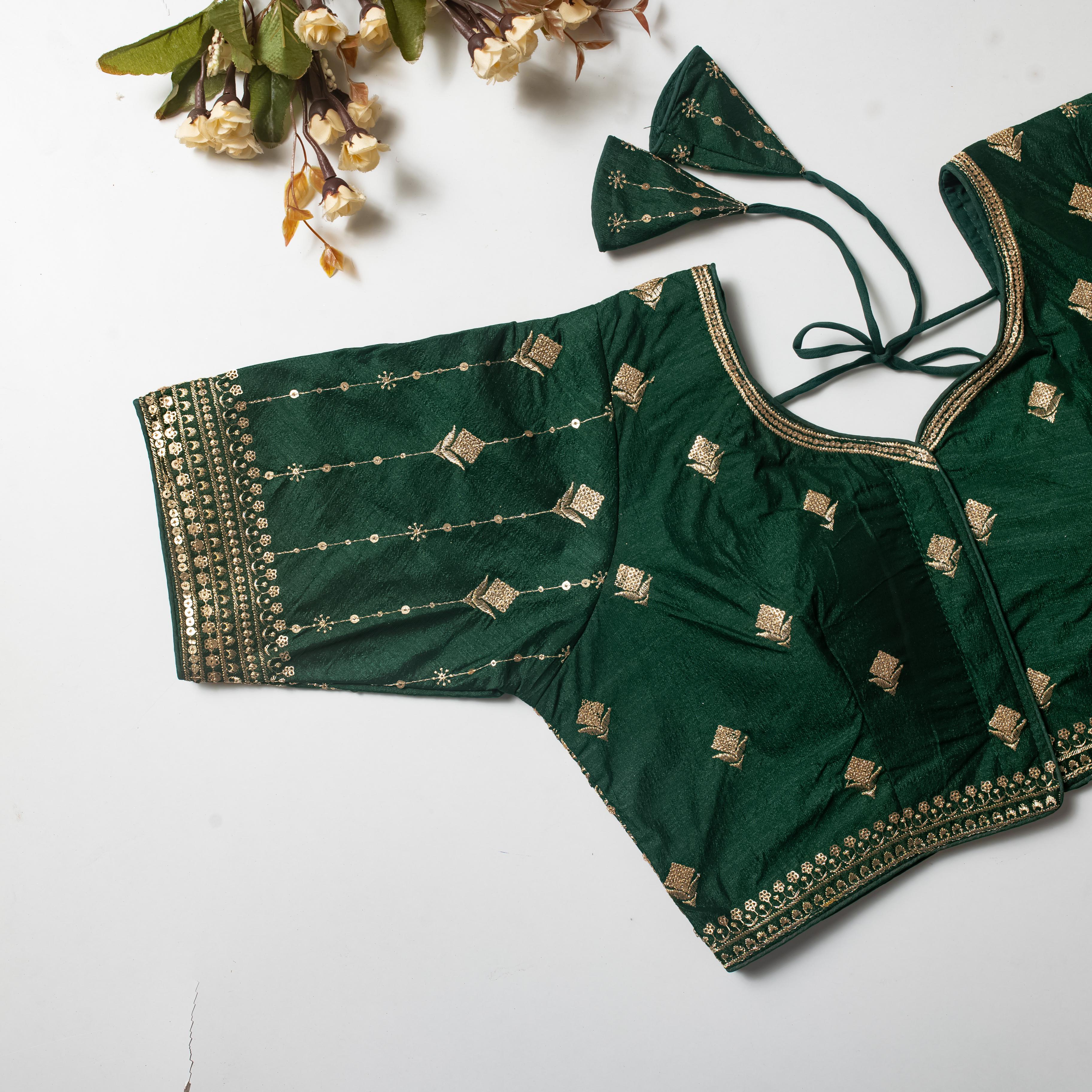 ClothsVilla Dark Green Golden Embroidered Vibrant Silk Blouse with Sequins
