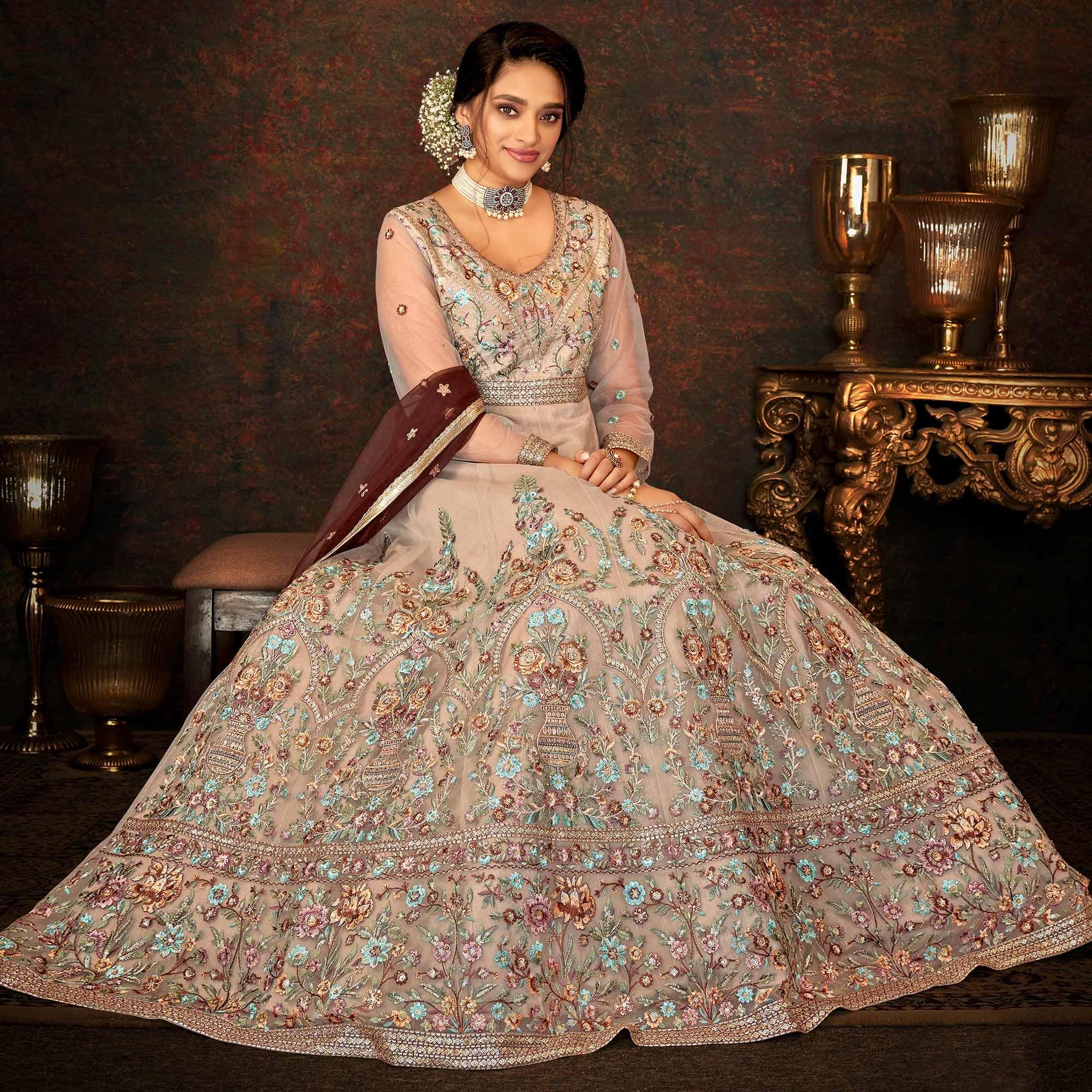 Peachmode Chocolate Floral Embroidered Net Partywear Gown