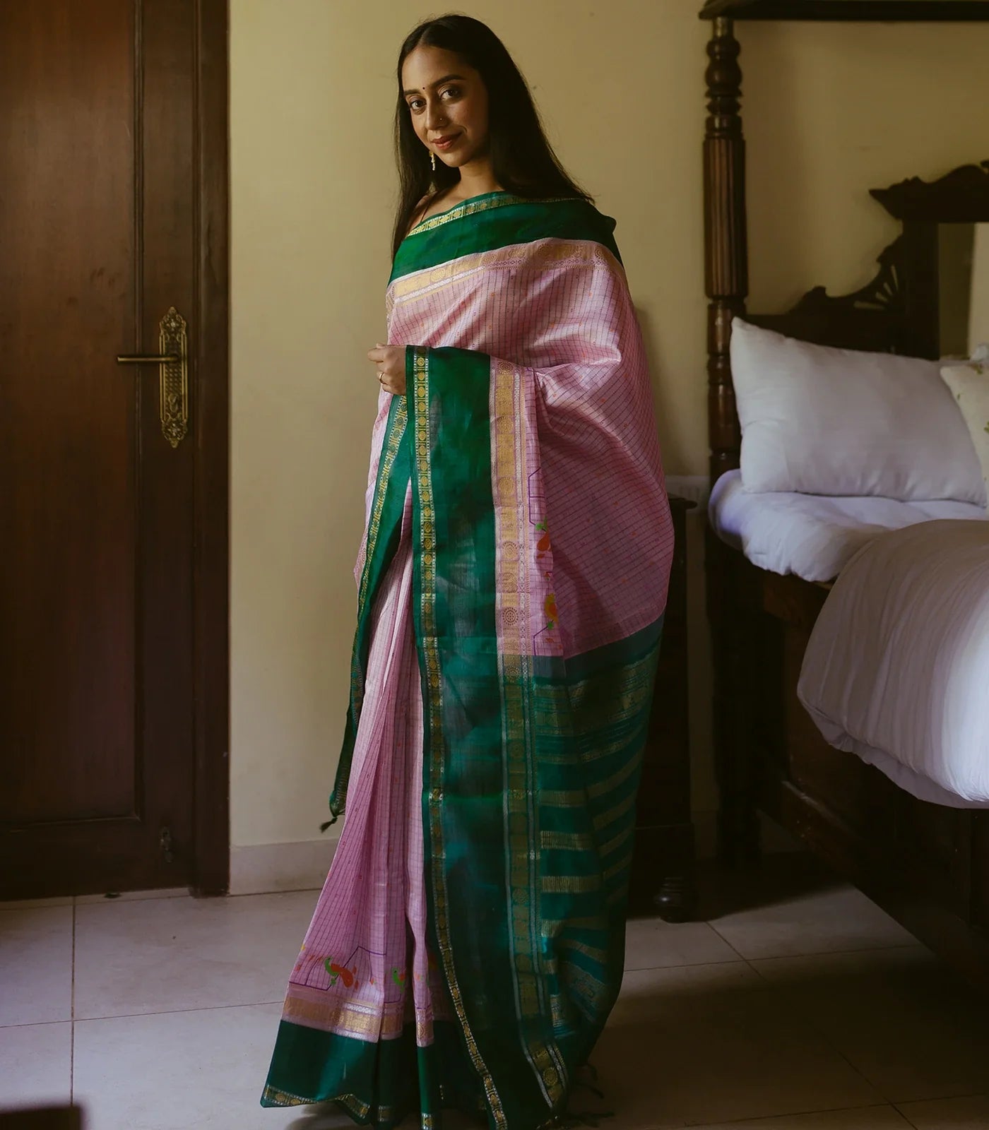 RmKV Baby Pink Handloom Chirala Silk Cotton Saree With Teal Border-Baby Pink