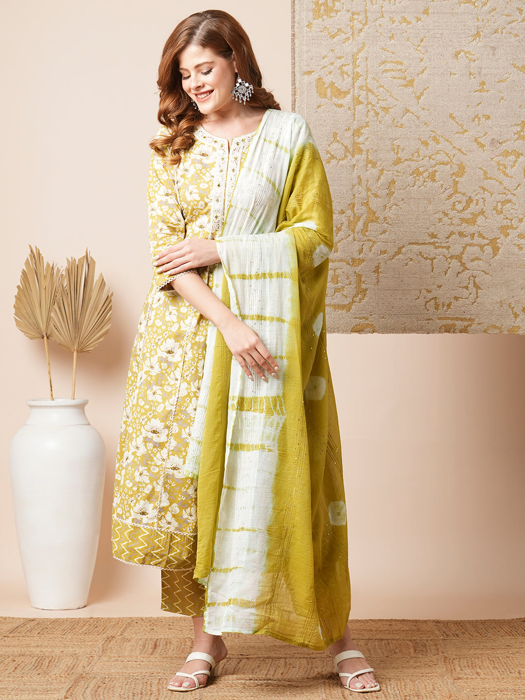 Floral chevron printed – FASHOR Floral & Chevron Printed Embroidered Anarkali with Pant & Tie Dyed Dupatta - Mustard Green
