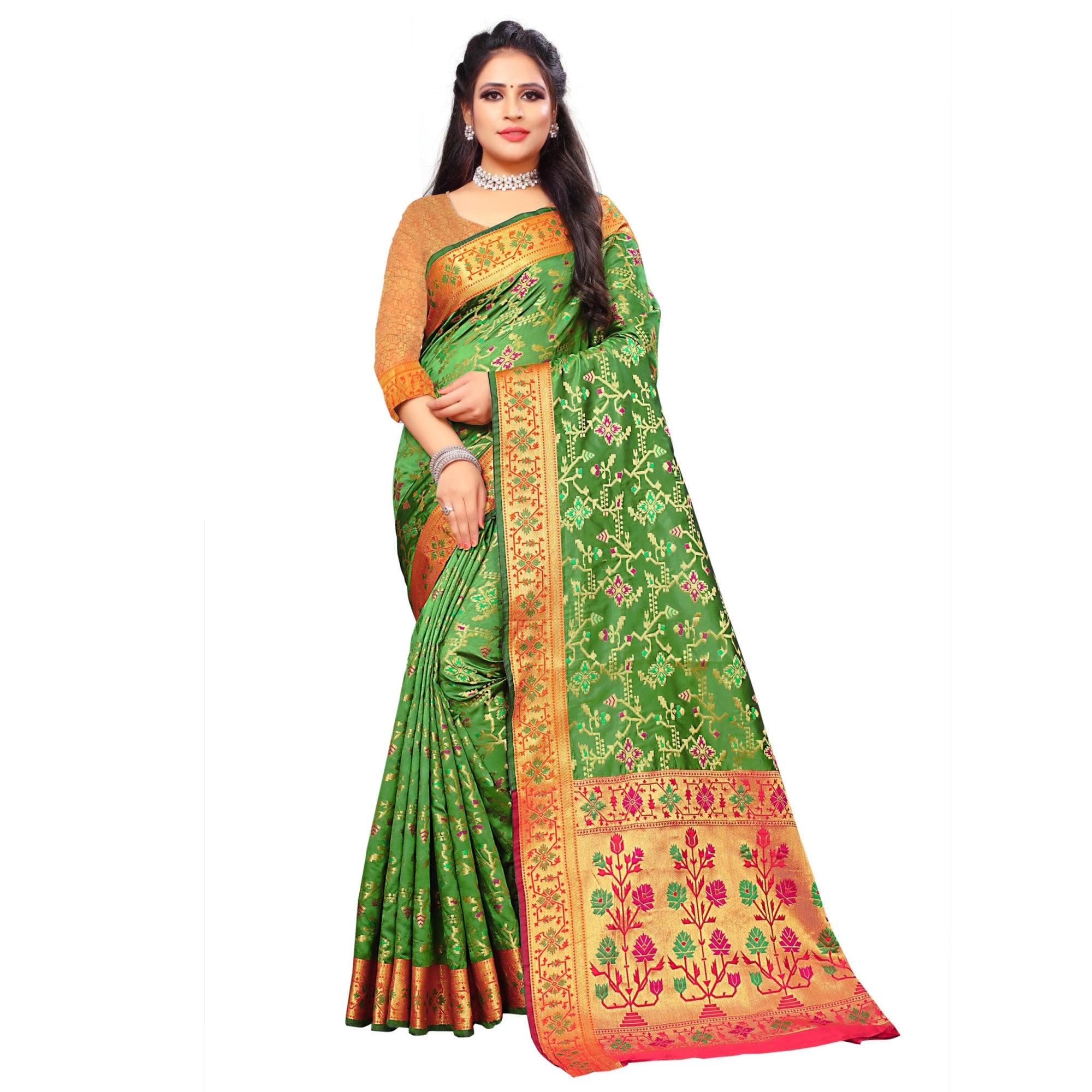 Peachmode Engrossing Green Colored Festive Wear Woven Silk Saree