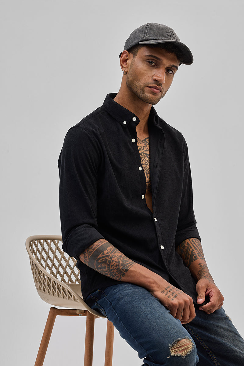 SNITCH Black Slim Fit Corduroy Shirt - view 5