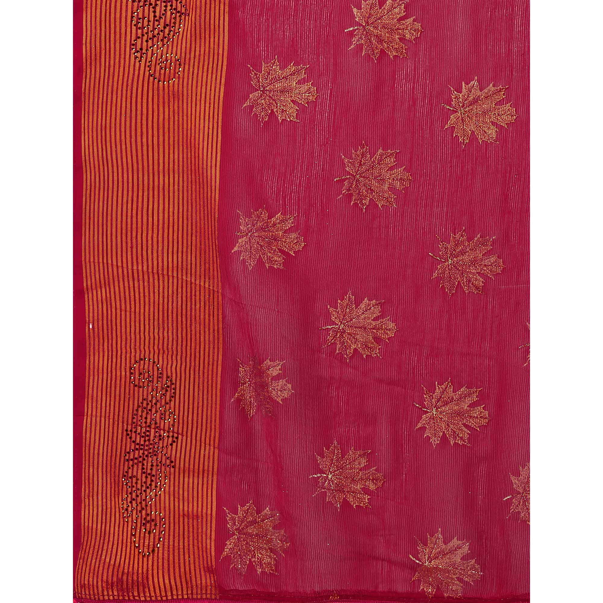 Peachmode Dark Magenta Zari Work Chiffon Saree With Tassels - view 8