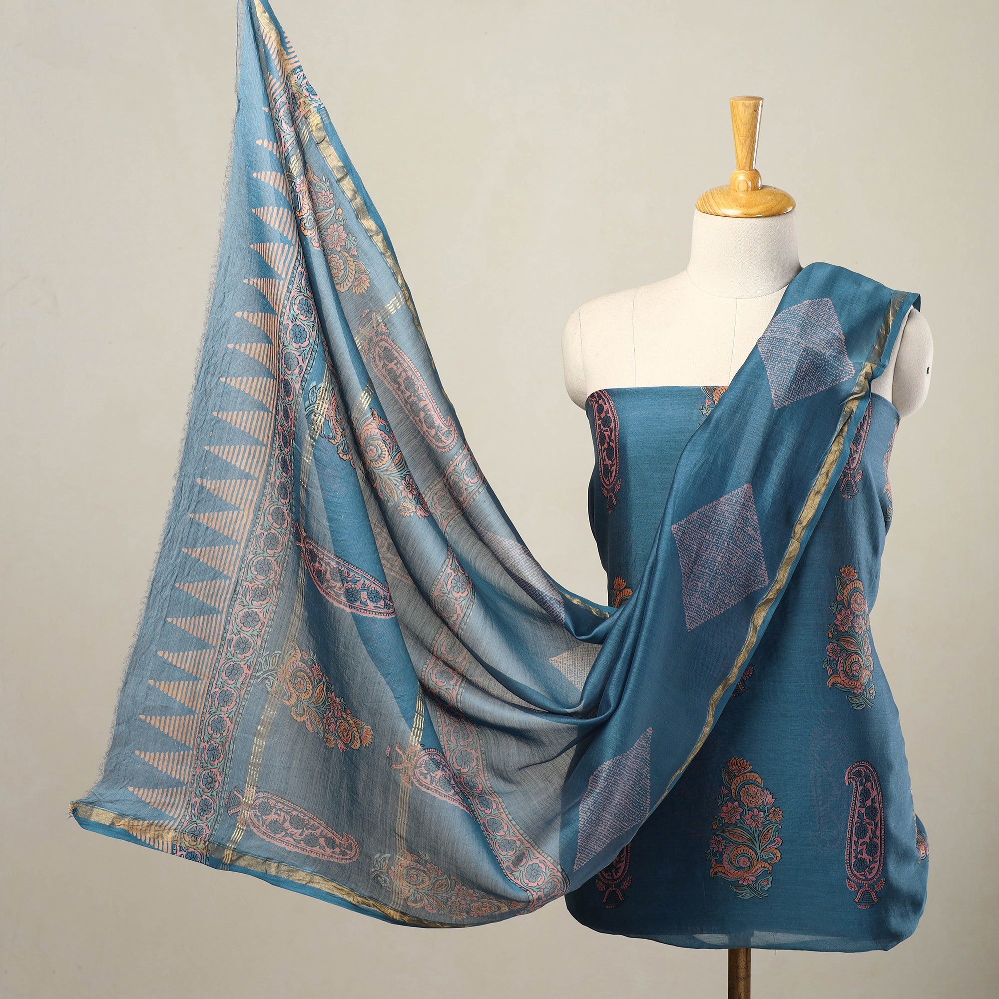 ARTISAN HAND BLOCK PRINTS Blue - 3pc Sanganeri Block Print Chanderi Silk Dress Material 17
