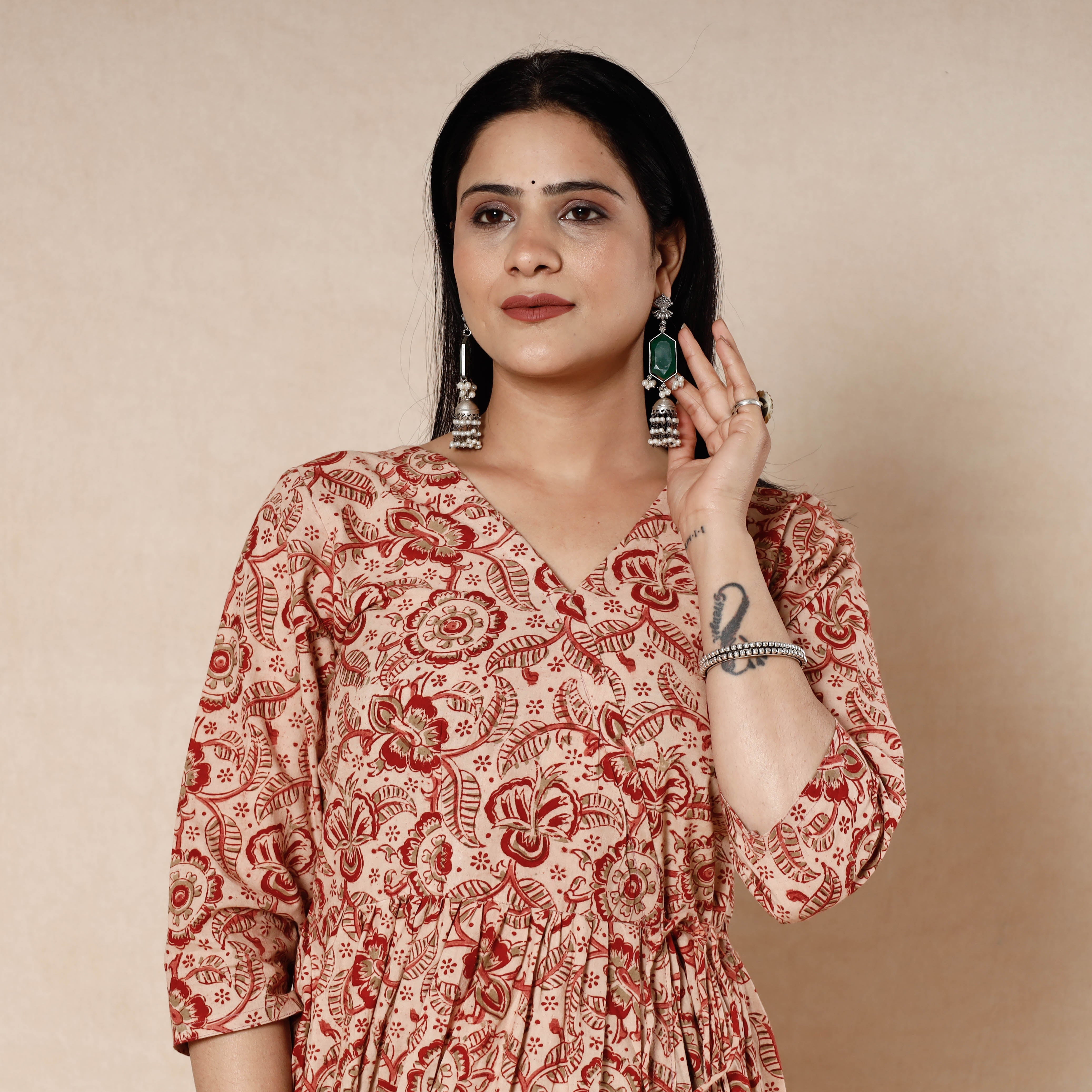ITOKRI CASUALS Beige - Kalamkari Block Printed Cotton Flared Dress
