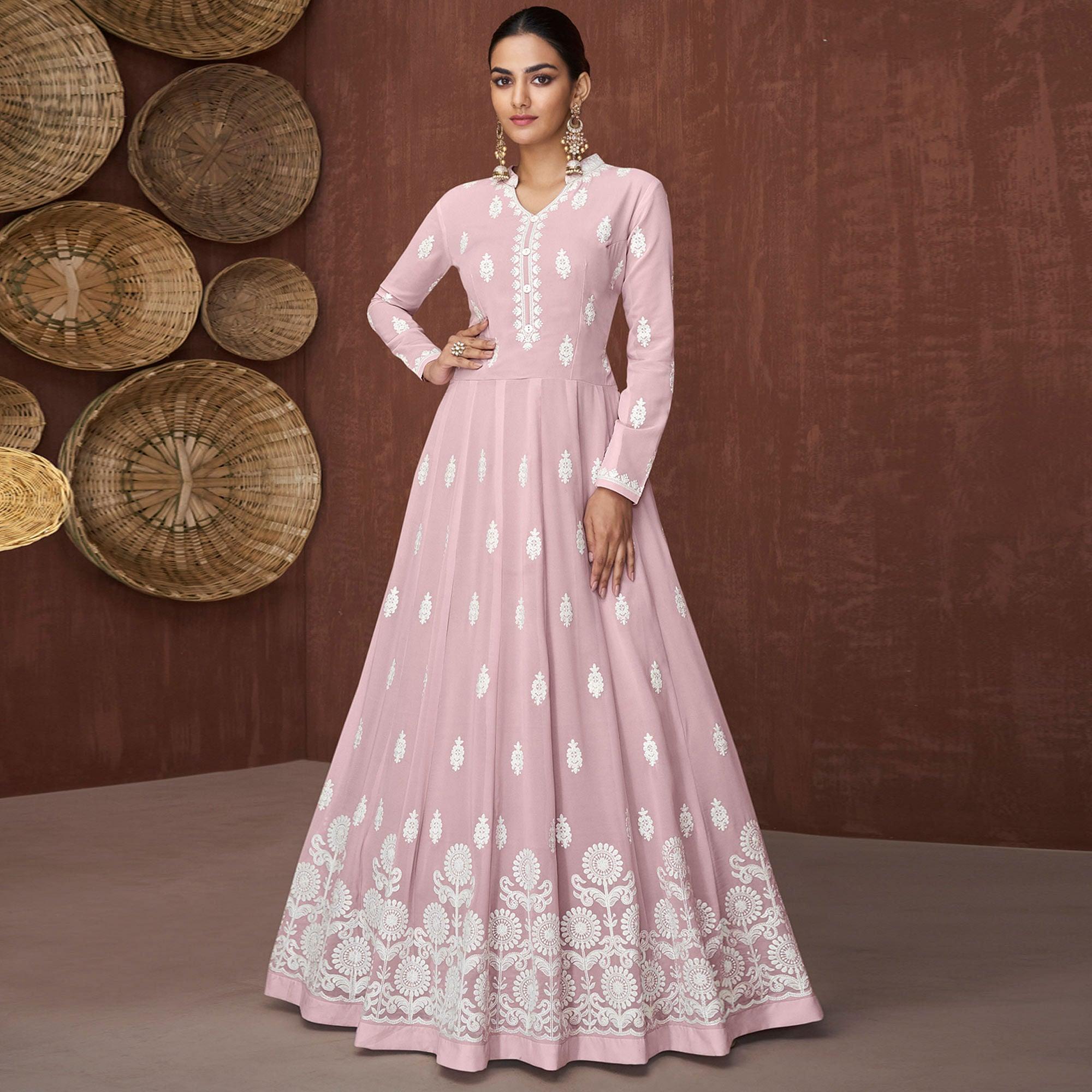 Peachmode Seller Light Mauve Lucknowi Embroidered Rayon Gown - view 2