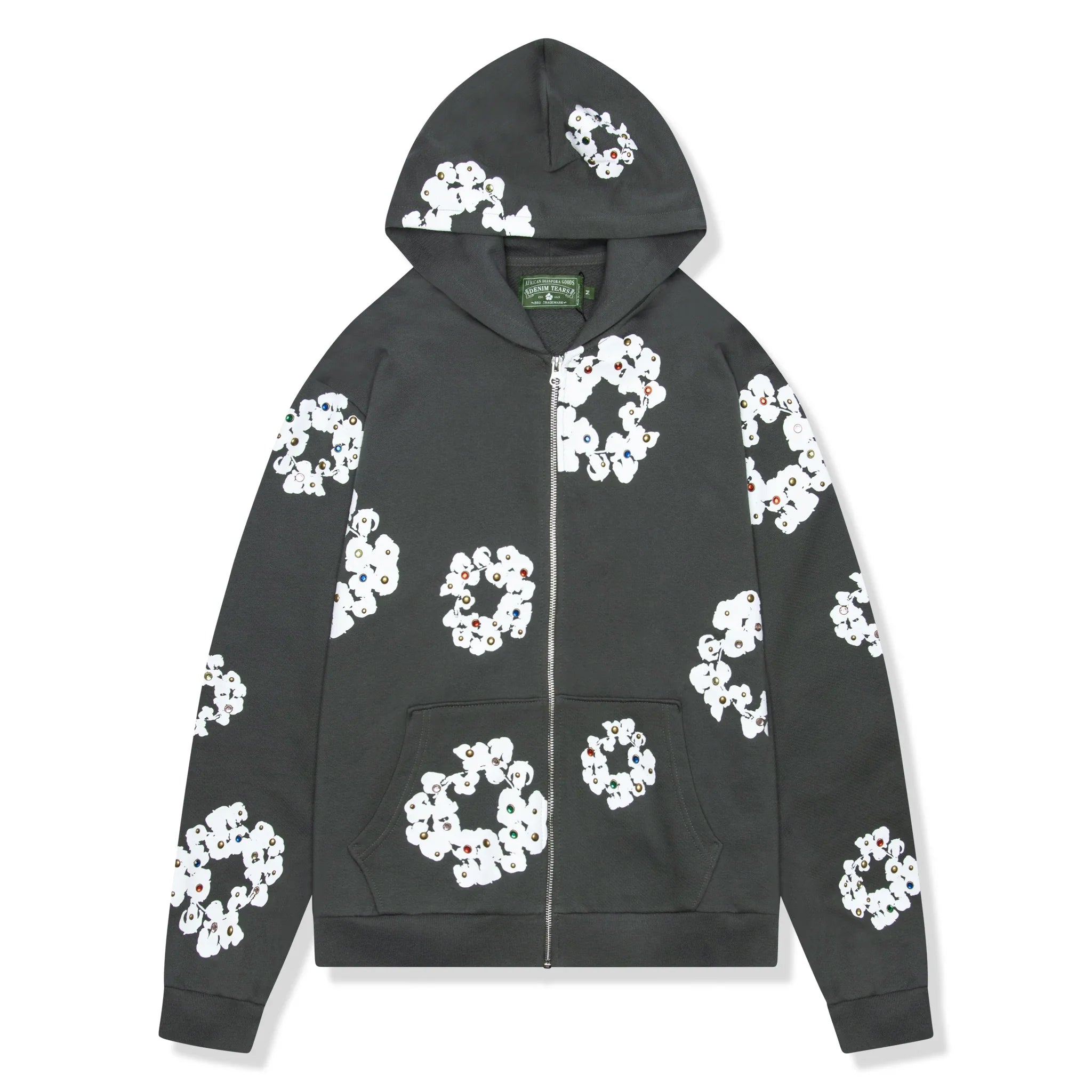 Denim Tears Rhinestone The Cotton Wreath Vintage Black Zip-Up Hoodie