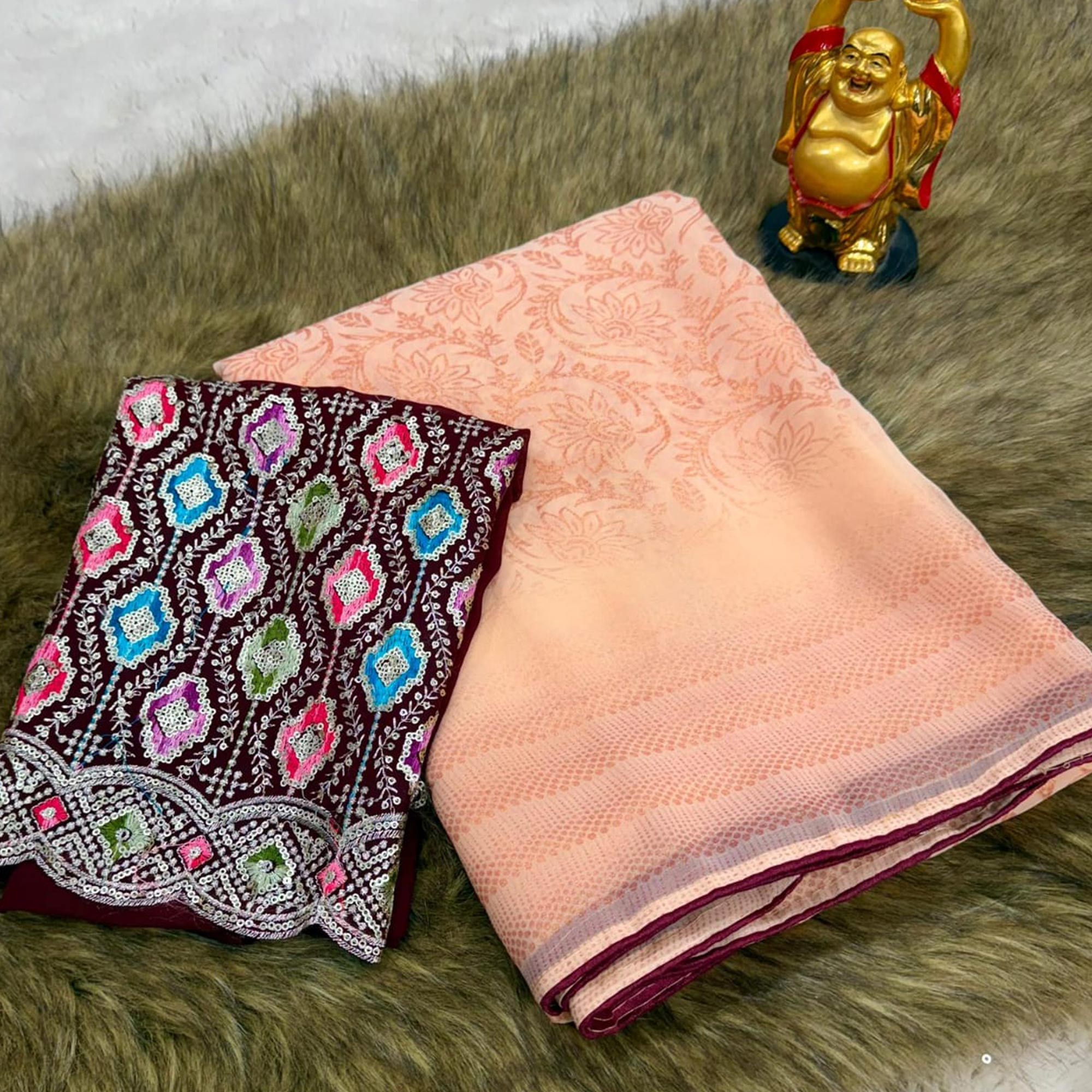 Peachmode Light Peach Floral Printed Georgette Saree