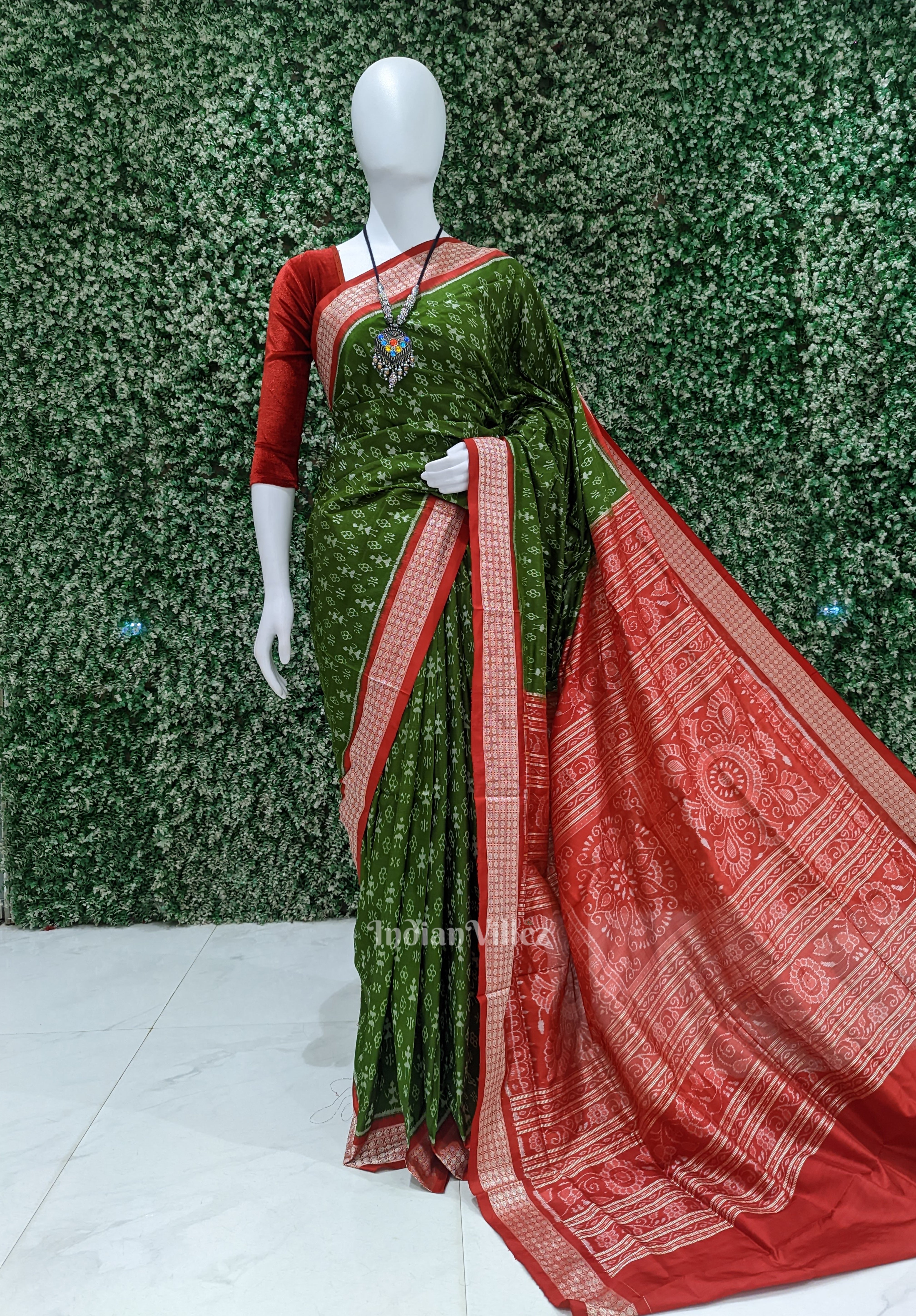 IndianVillèz Dark Green With Red Anchal Tribal Theme Sambalpuri Silk Saree