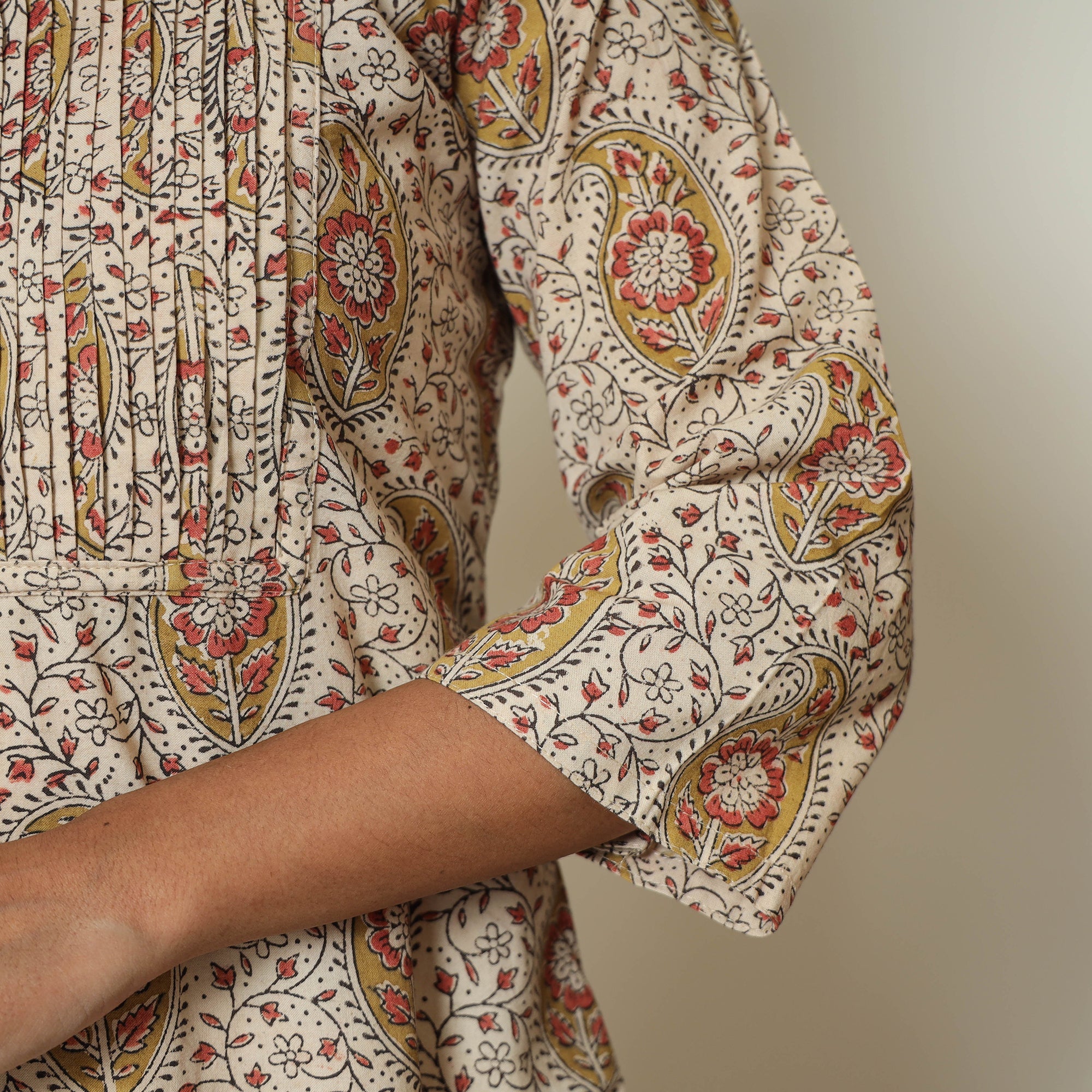 ITOKRI CASUALS Beige - Pedana Kalamkari Hand Block Printed Cotton Pintuck A-Line Kurta 57 - view 6