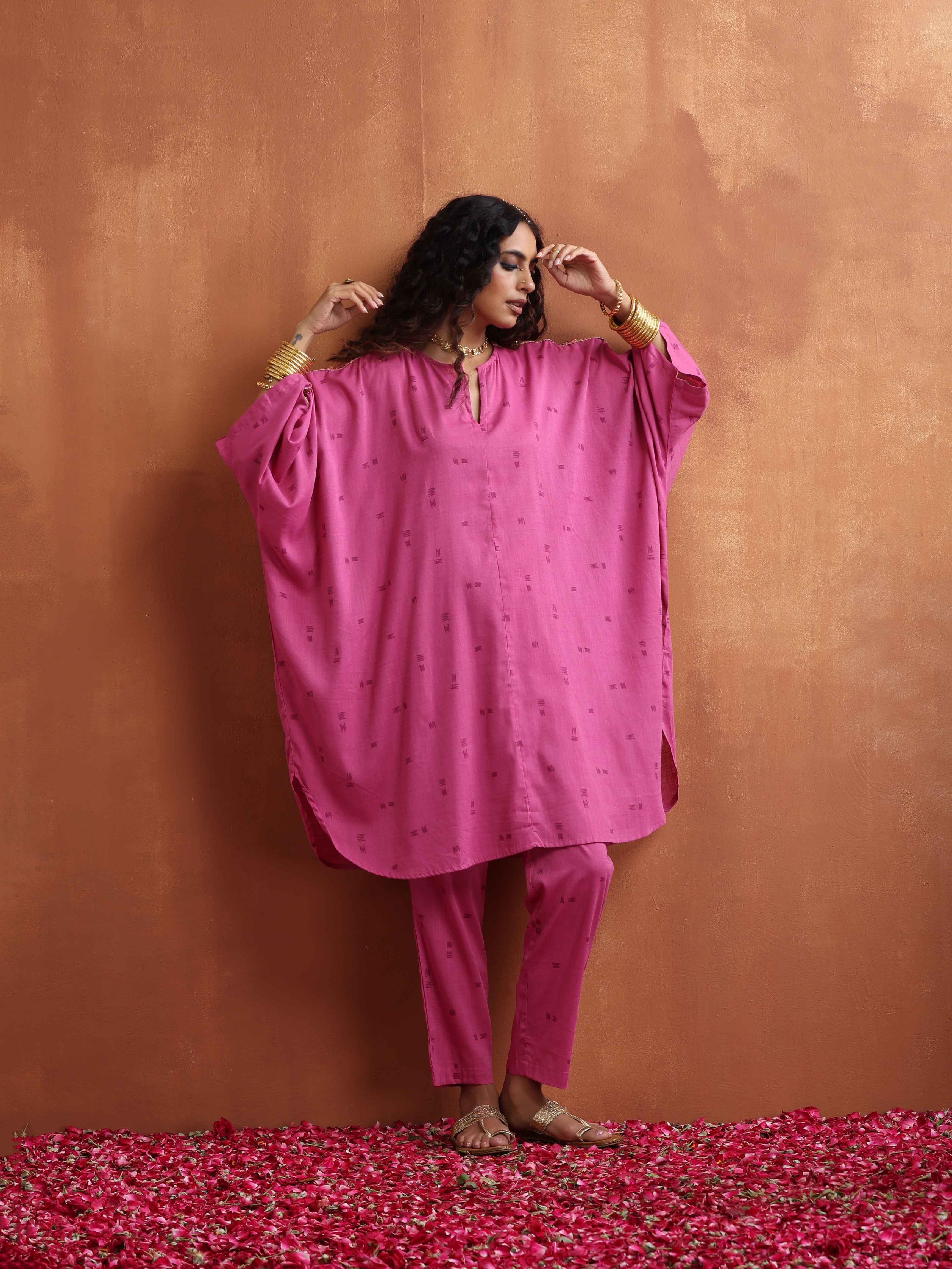 trueBrowns Pink Print Kaftan Kurta Co-ord Set - view 2