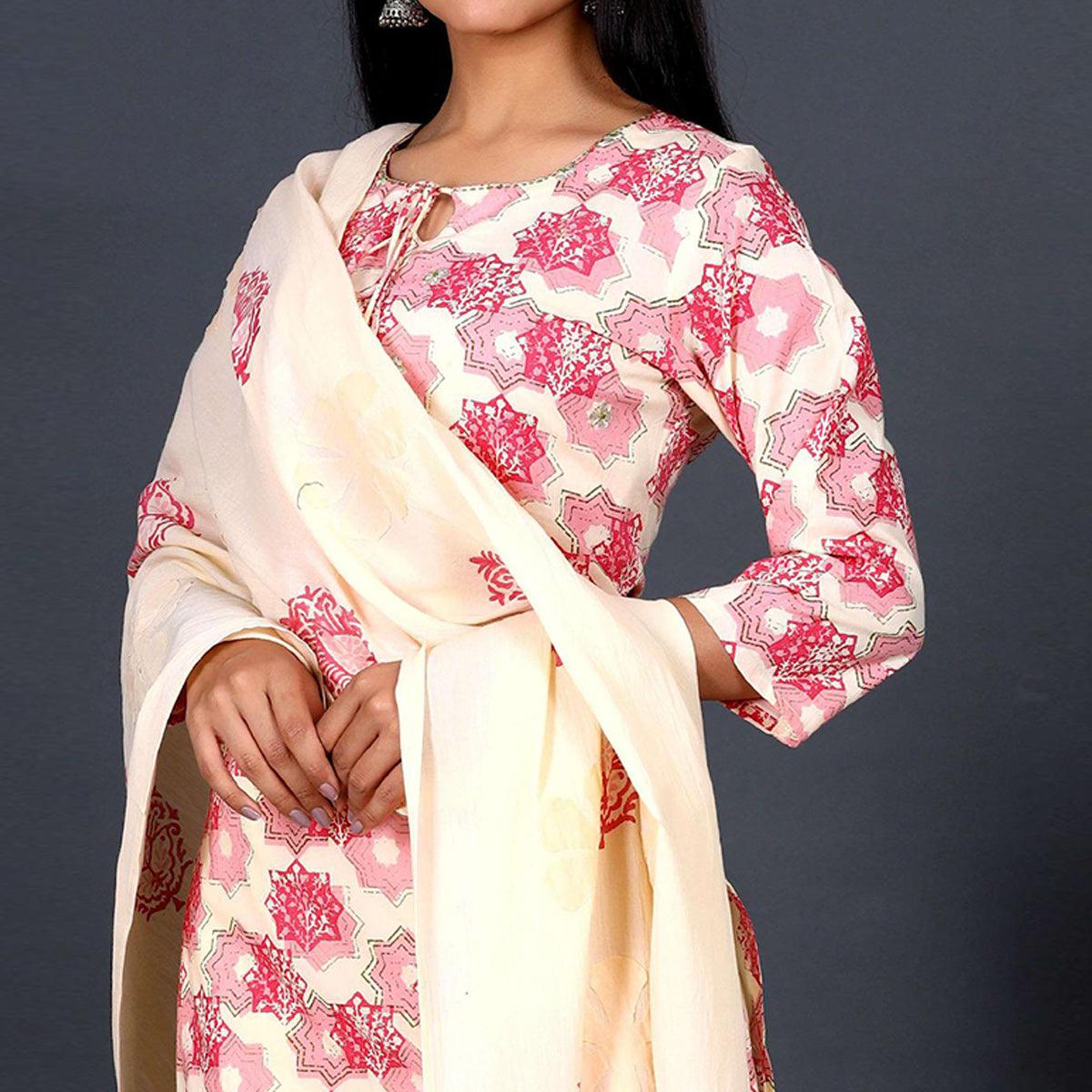Peachmode Cream Casual Wear Printed Cotton Kurti - Pant Set With Dupatta - view 2