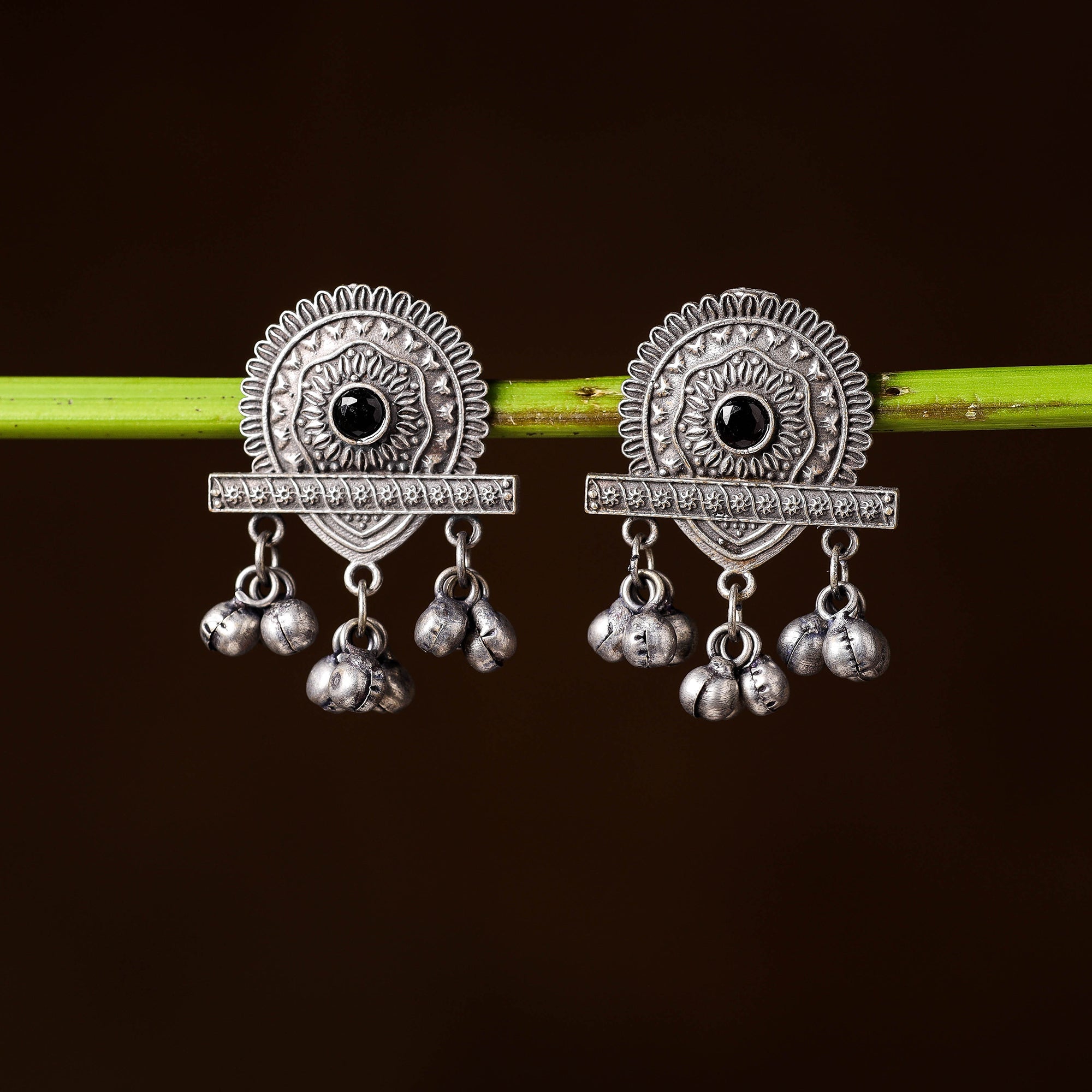 WHITE RIVER STORIES Antique Silver Finish Oxidised Brass Base Stone Work Earrings