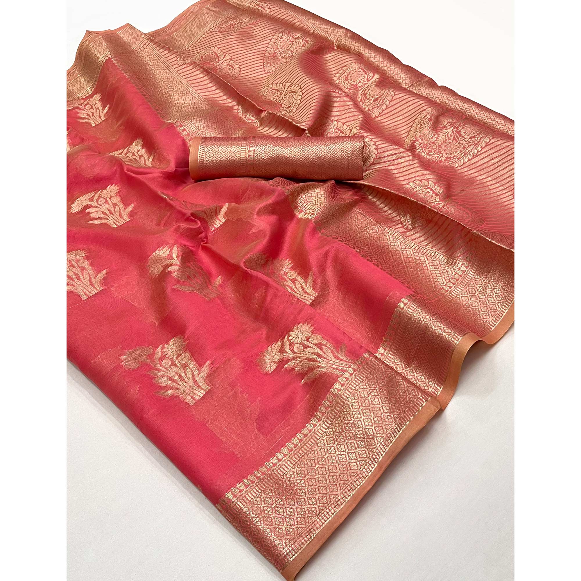 Peachmode Gajari Pink Zari Woven Raw Silk Saree - view 3