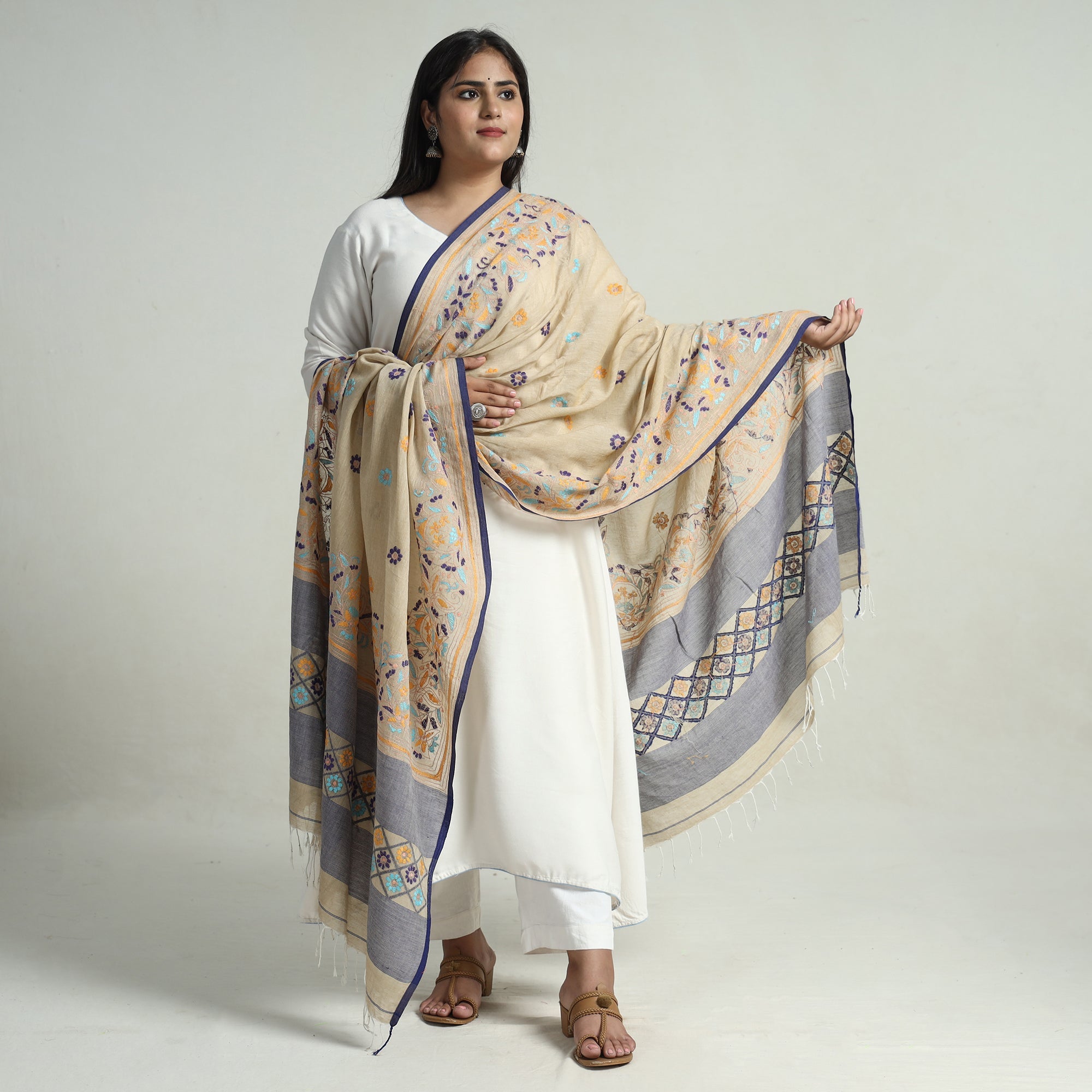 KHUSHBASH - HAPPY LOOM OF EAST Beige - Bengal Kantha Embroidery Cotton Handloom Dupatta 100 - view 2