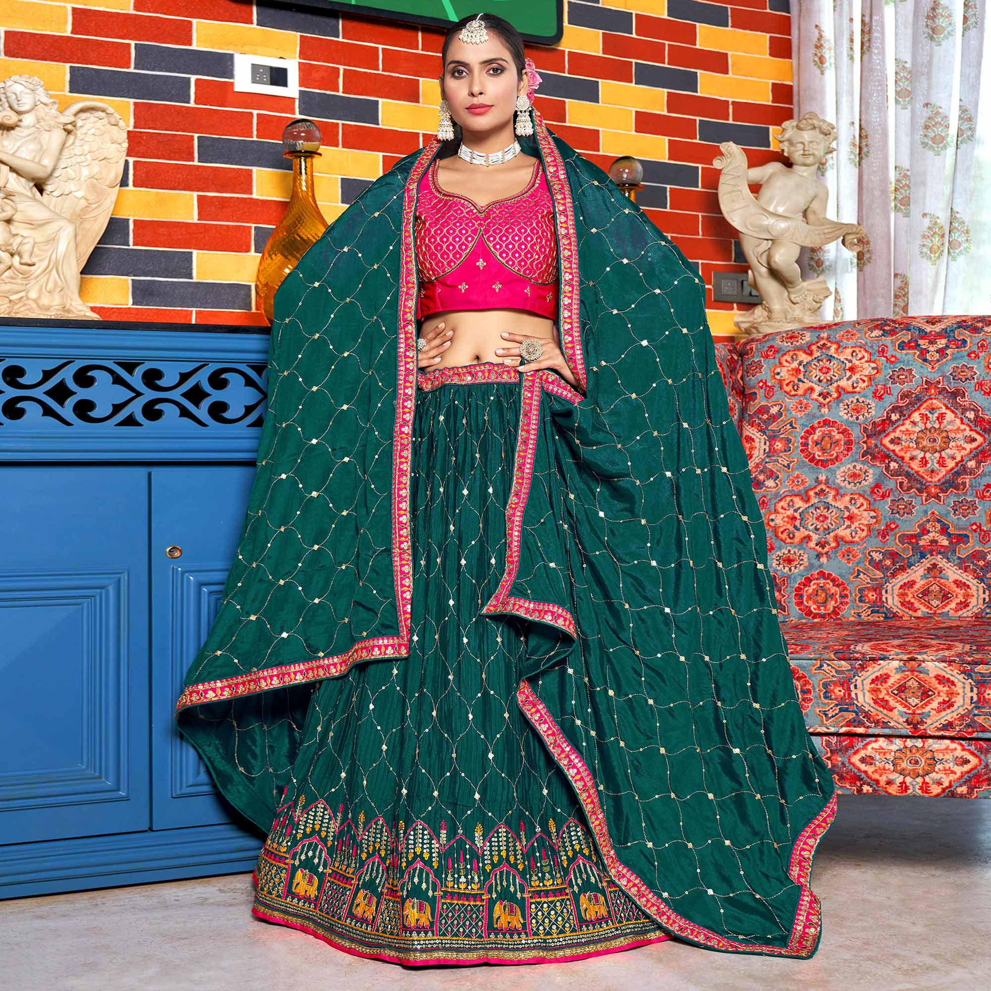 Peachmode Deep Sea Green Sequins Embroidered Chiffon Lehenga Choli - view 4