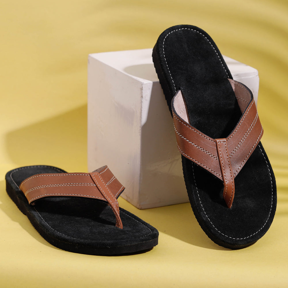 AASAI HANDICRAFT FOOTWEAR AUROVILLE Black & Brown Handcrafted Men's Leather Slippers with Suede