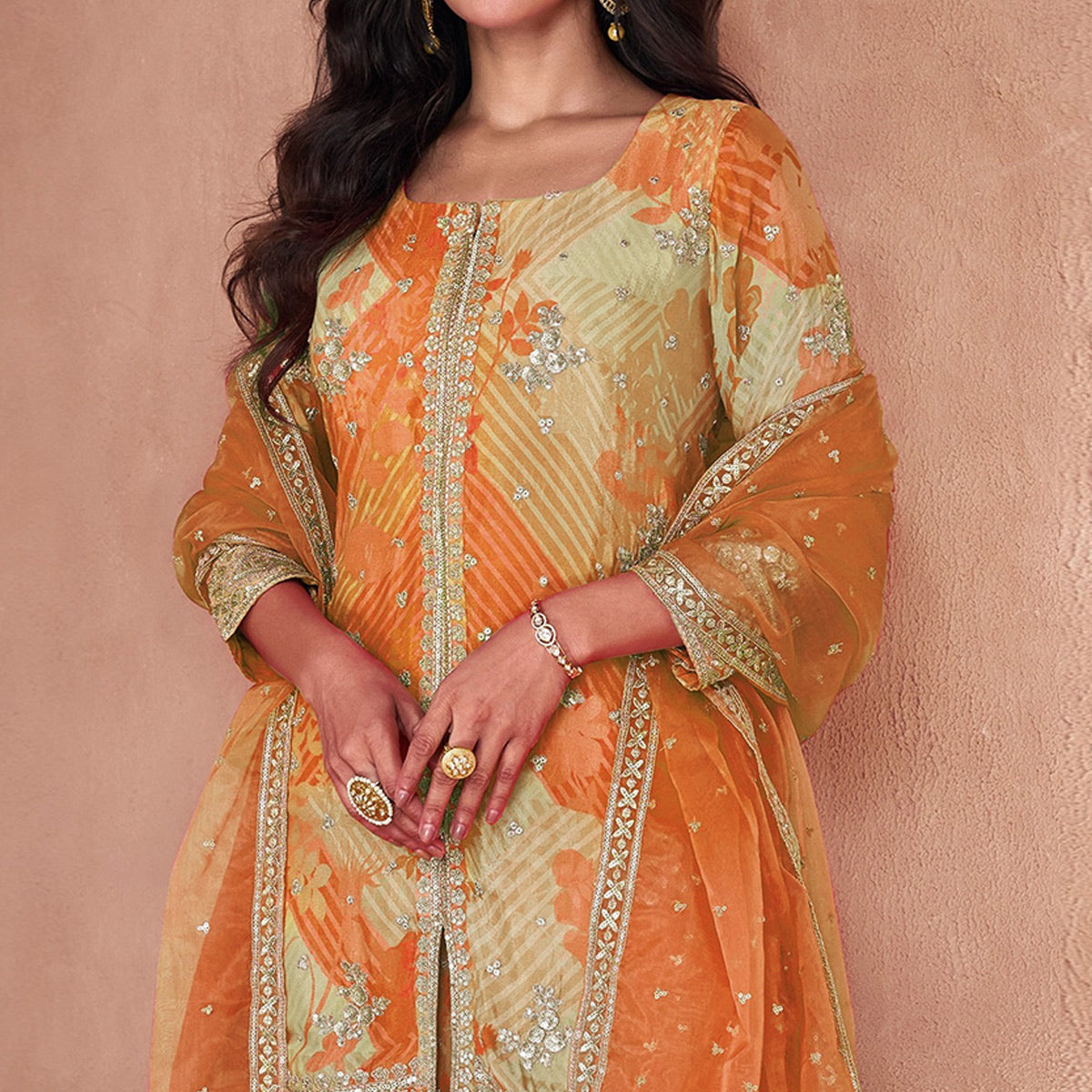 Peachmode Orange Sequins Embroidered Georgette Sharara Suit - view 2