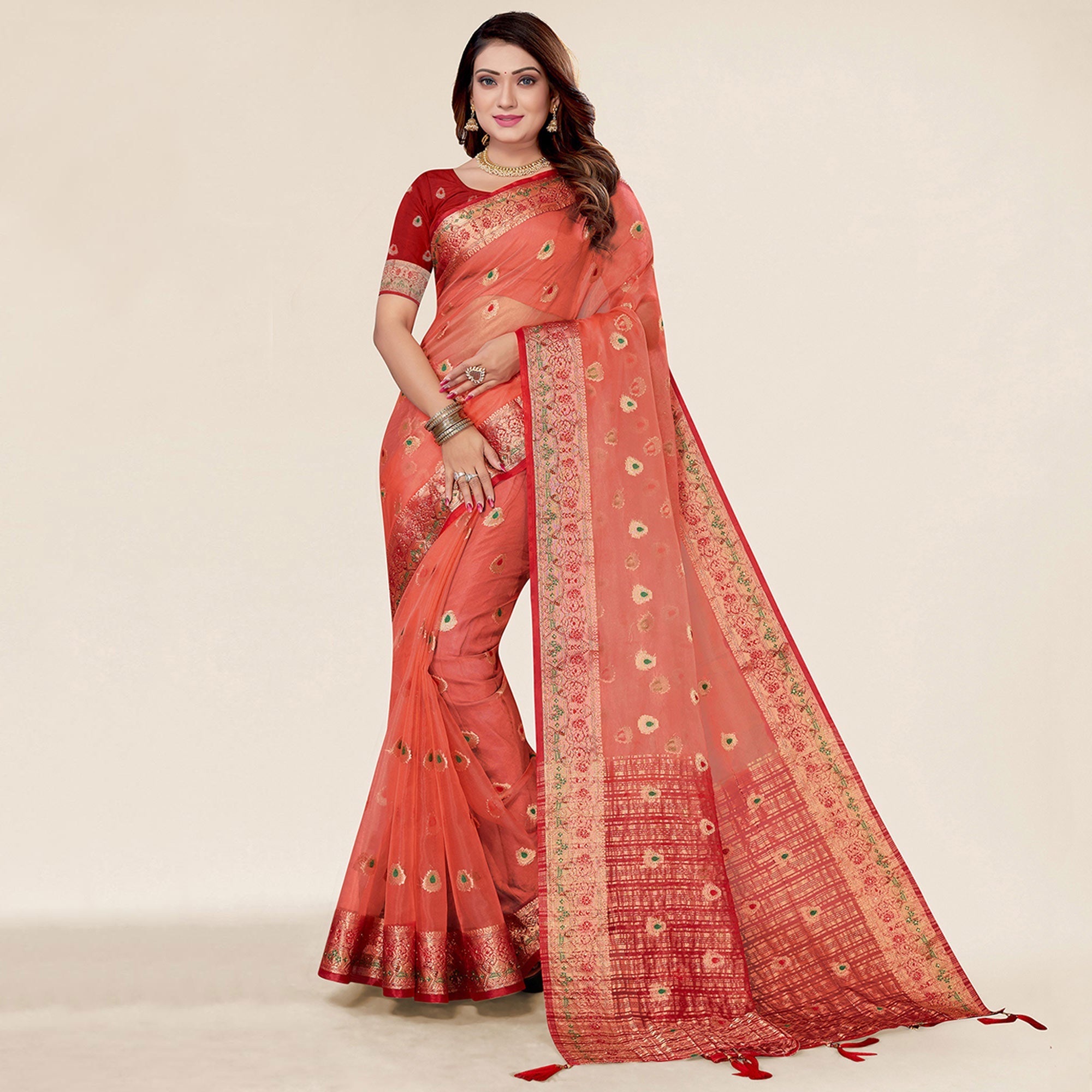 Peachmode Gajari Pink Woven Organza Saree With Tassels