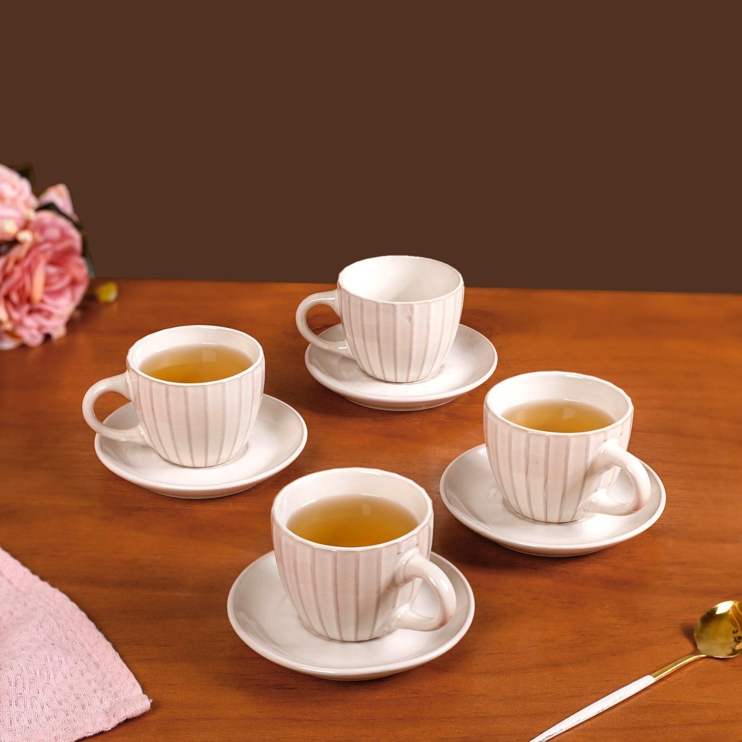 Nestasia Costola Tea Cup And Saucer Set Of 4 Off White 125ml