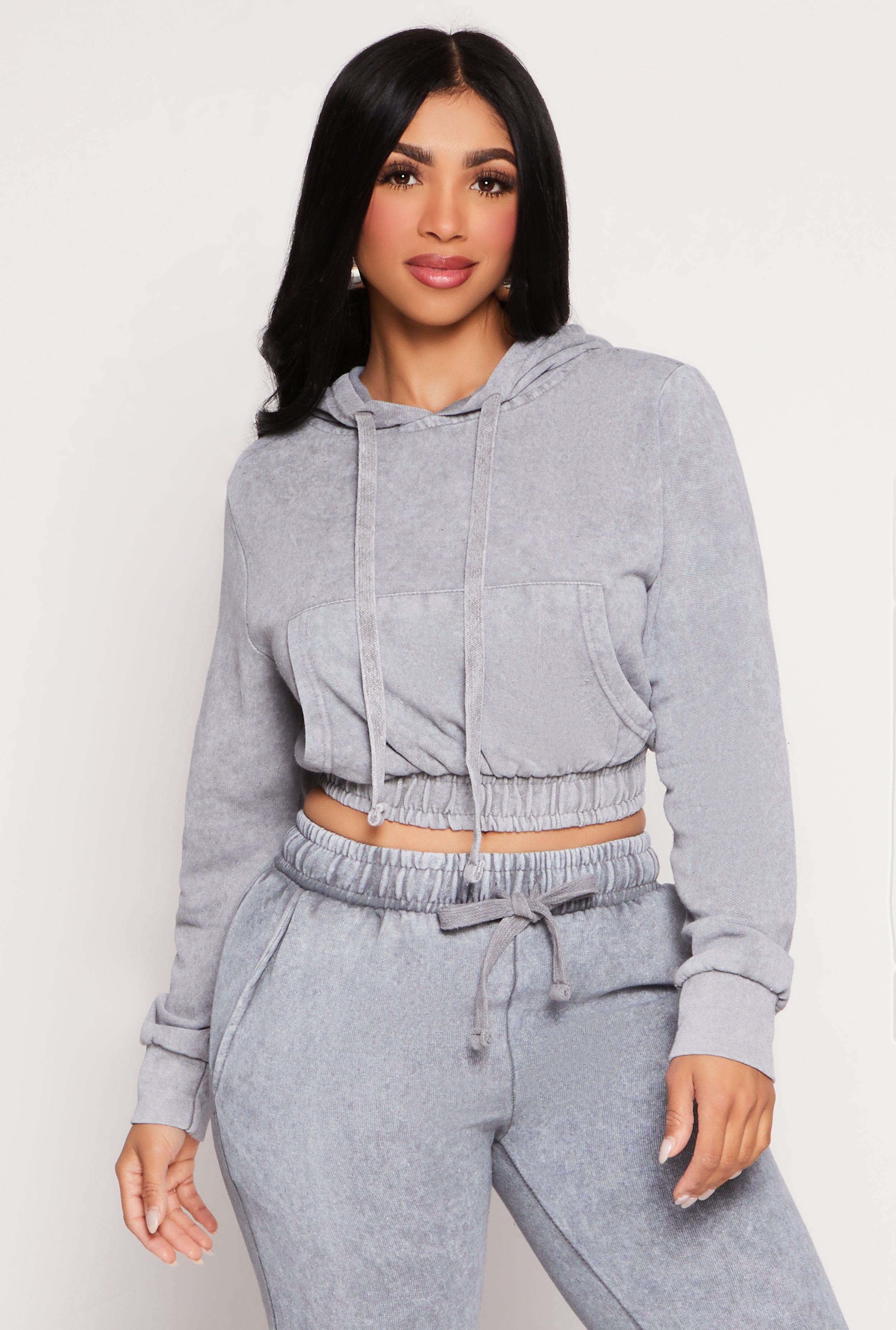 Rainbow Shops Acid Wash Cropped Pullover Hoodie